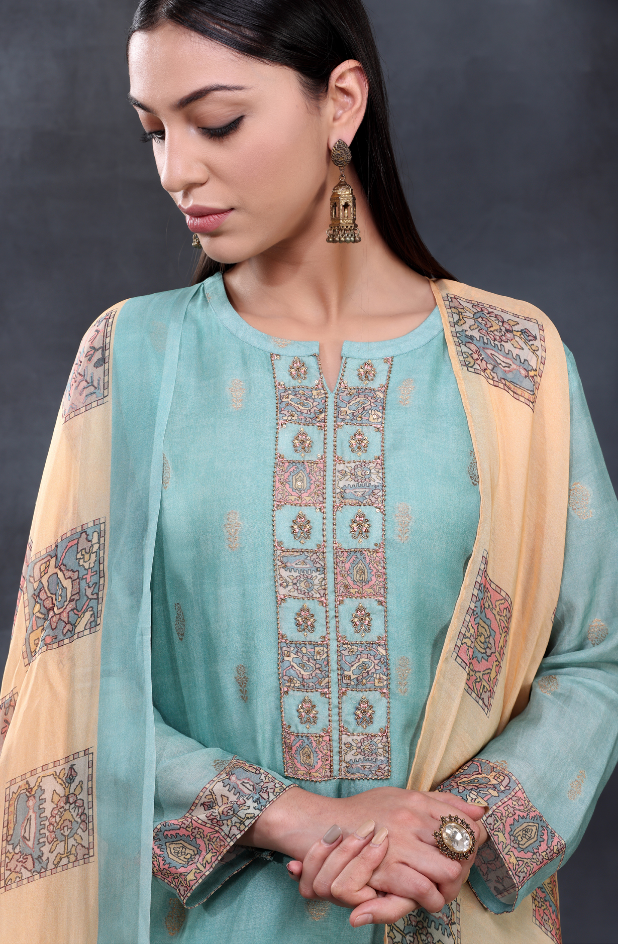 Sea Green Muslin Unstitched Salwar Kameez with Organza Dupatta - ARO1190A