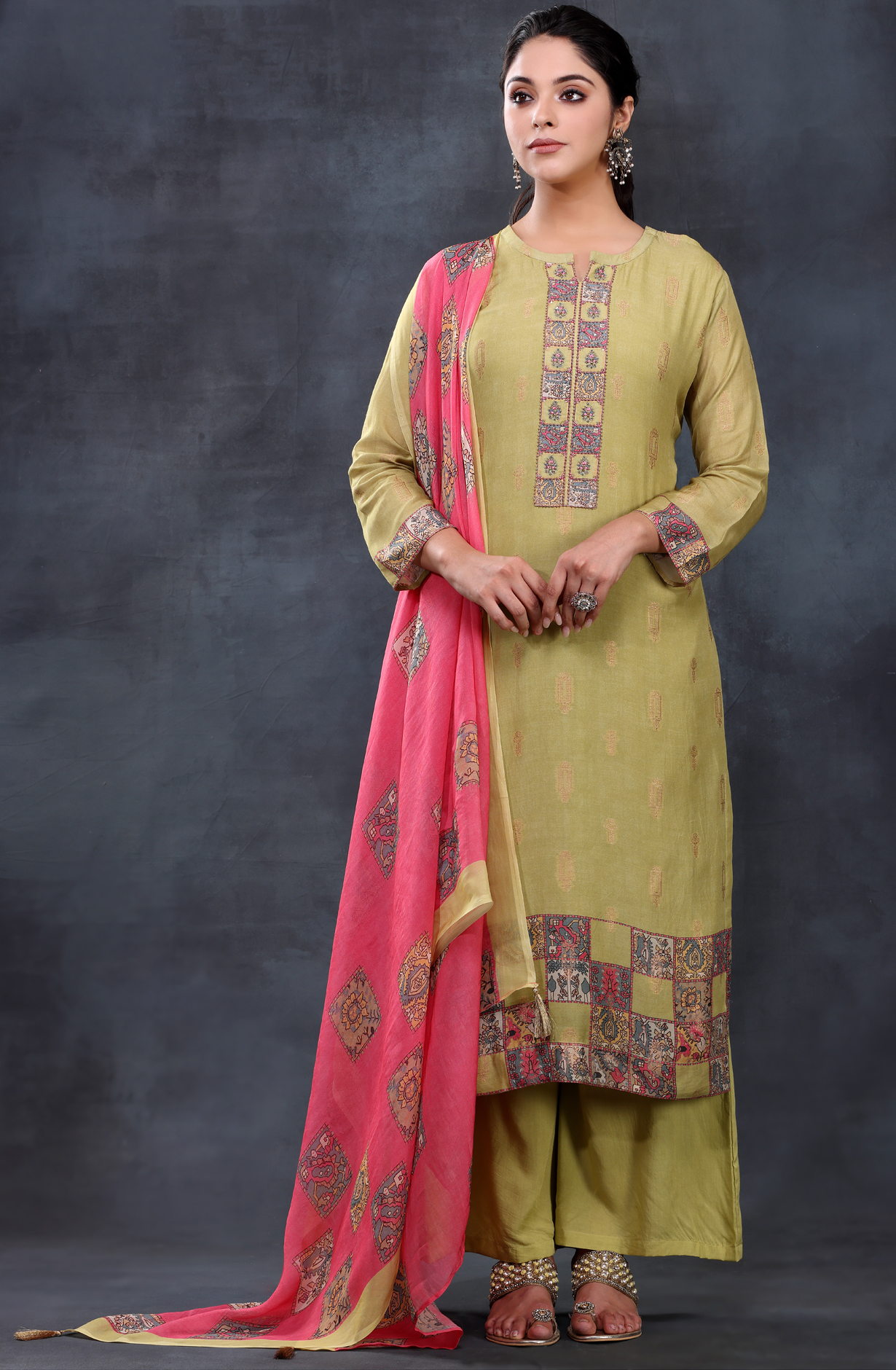 Parrot Green Muslin Unstitched Salwar Kameez with Organza Dupatta - ARO1190B