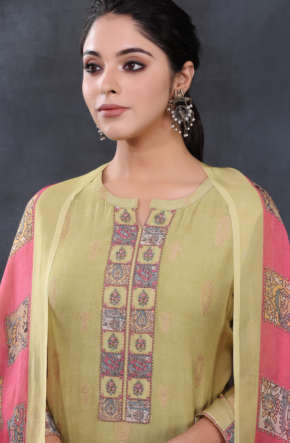 Parrot Green Muslin Unstitched Salwar Kameez with Organza Dupatta - ARO1190B