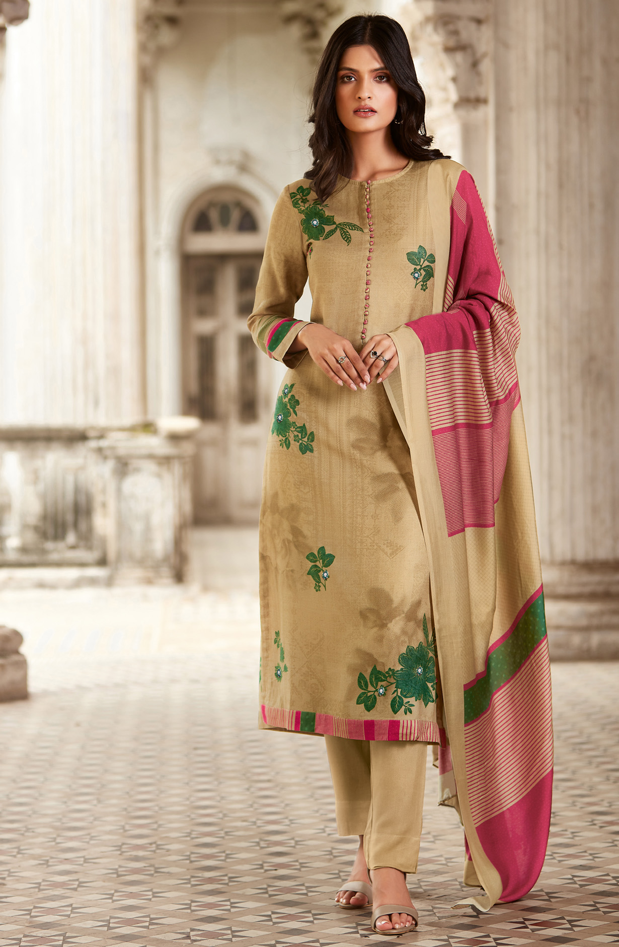 Beige Cotton Digital Printed Unstitched Salwar Kameez - ARO1345