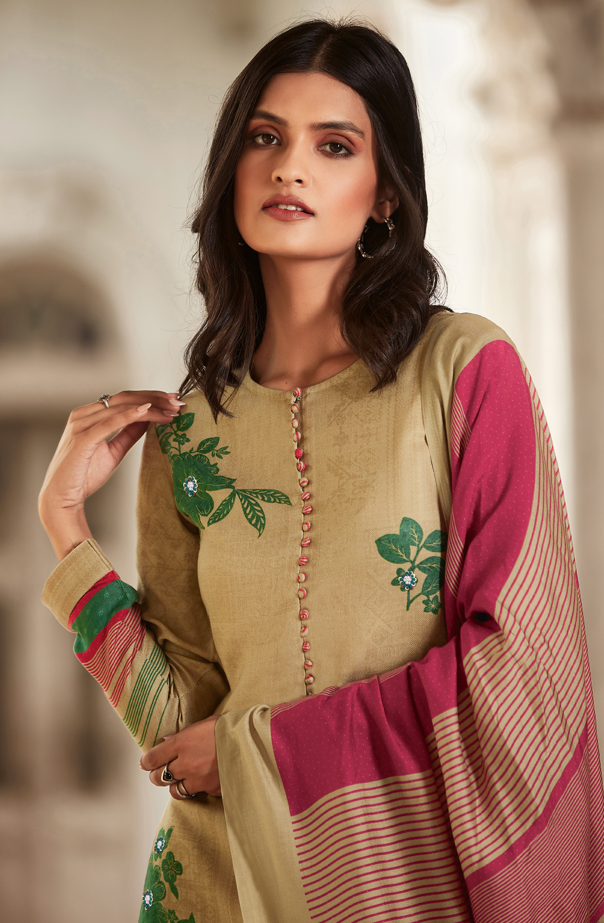 Beige Cotton Digital Printed Unstitched Salwar Kameez - ARO1345