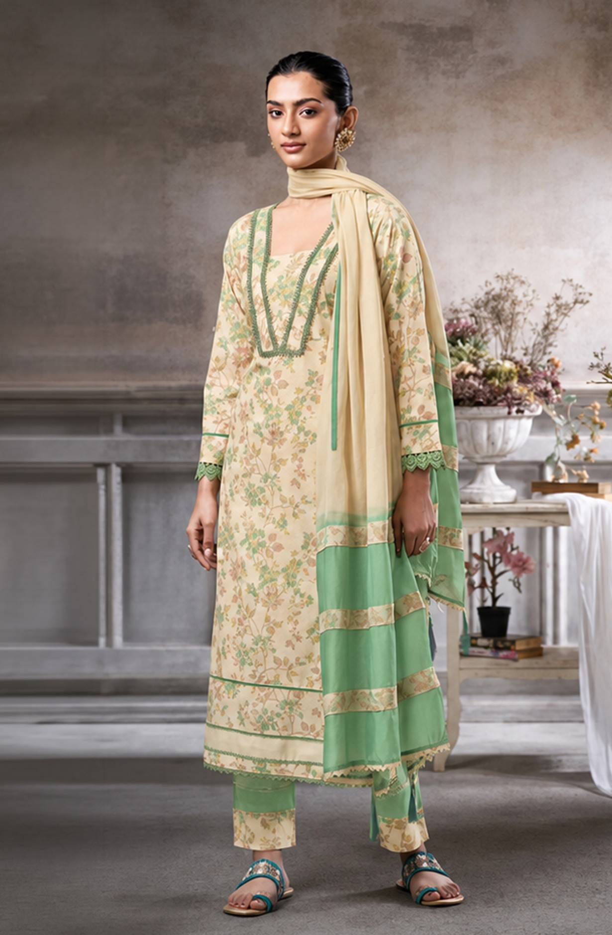 Green Cotton Beautiful Unstitched Suit Set with Dupatta - AMO10333