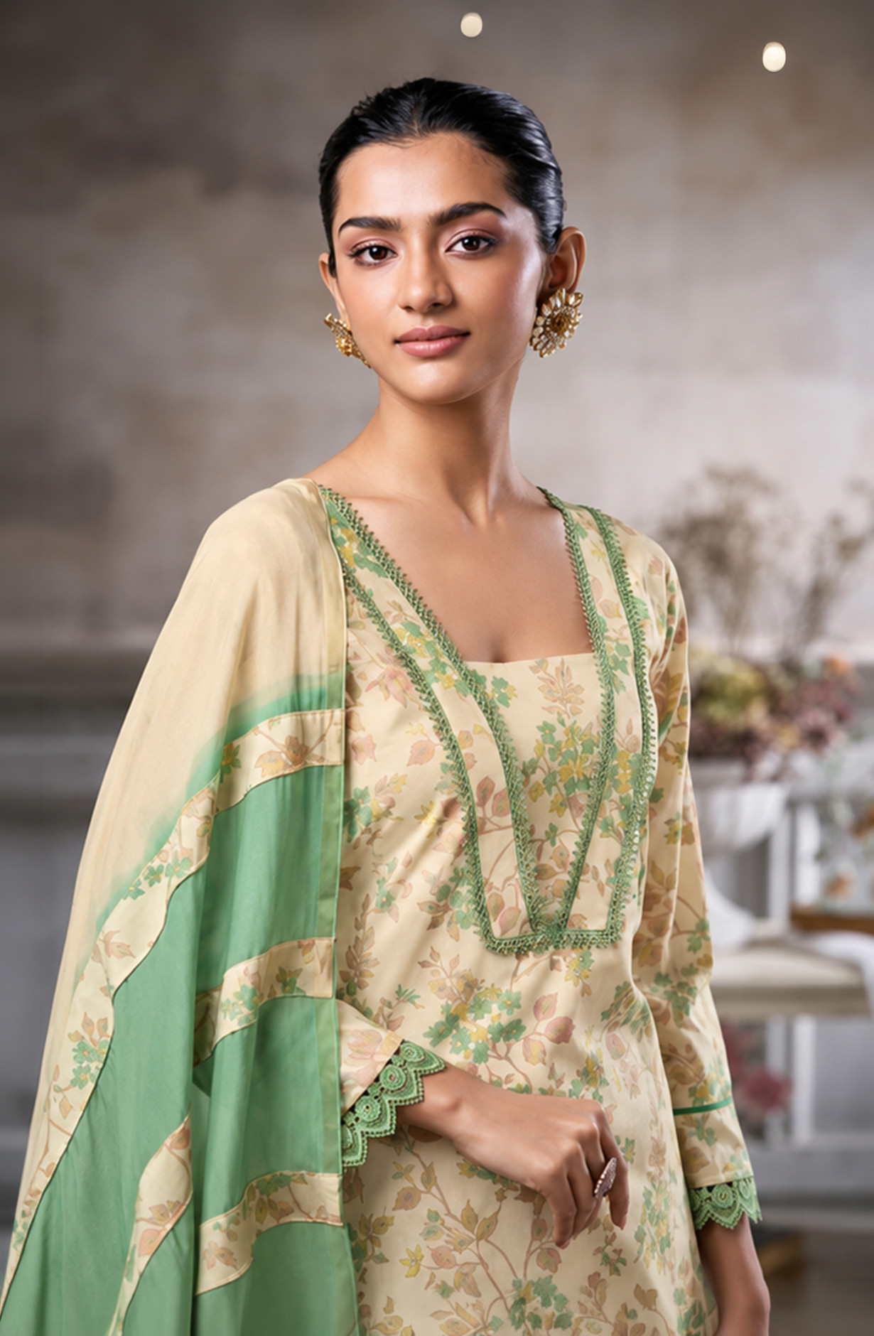 Green Cotton Beautiful Unstitched Suit Set with Dupatta - AMO10333