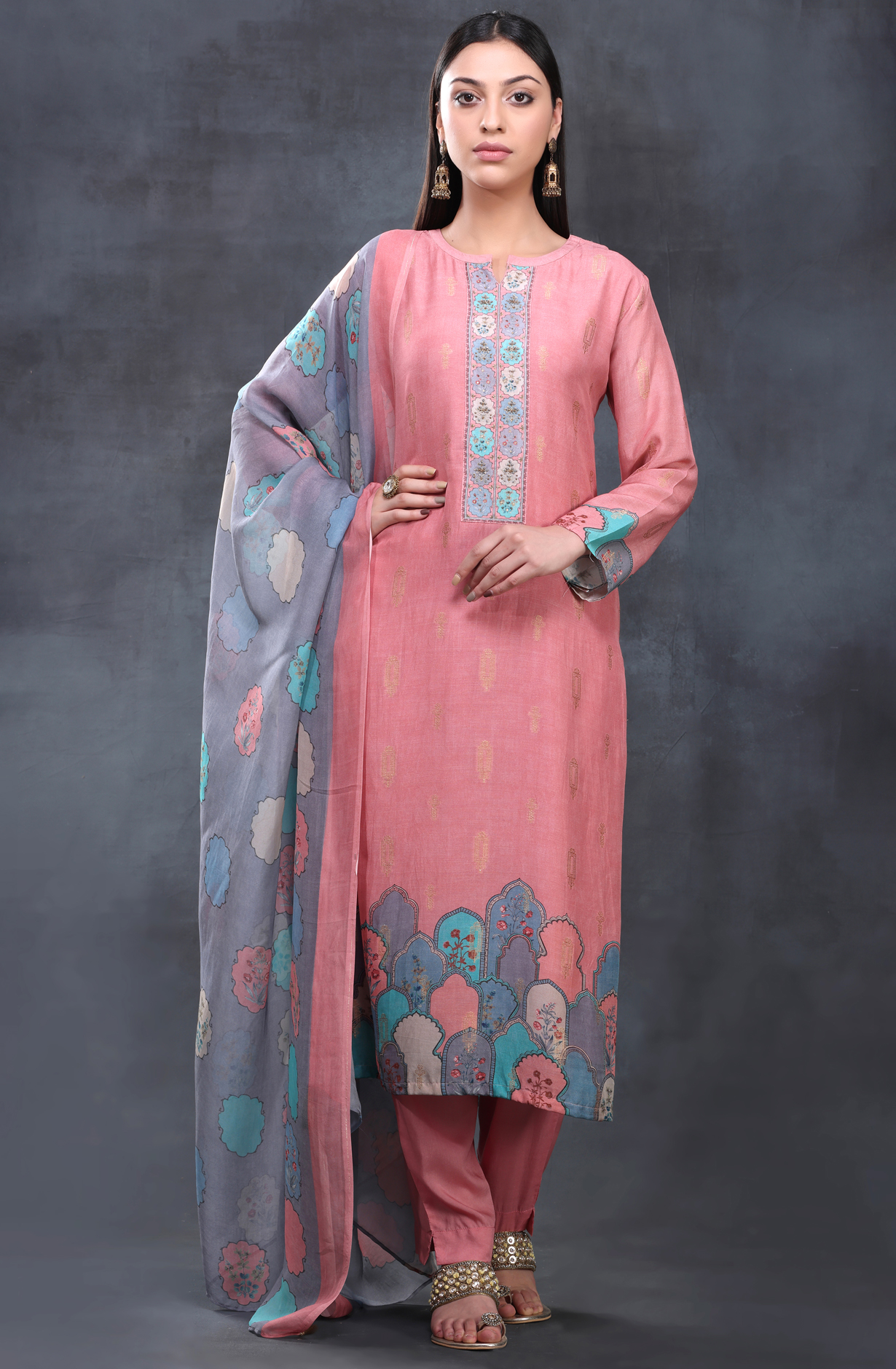 Pink Muslin Beautiful Salwar Kameez with Organza Dupatta - ART1191A