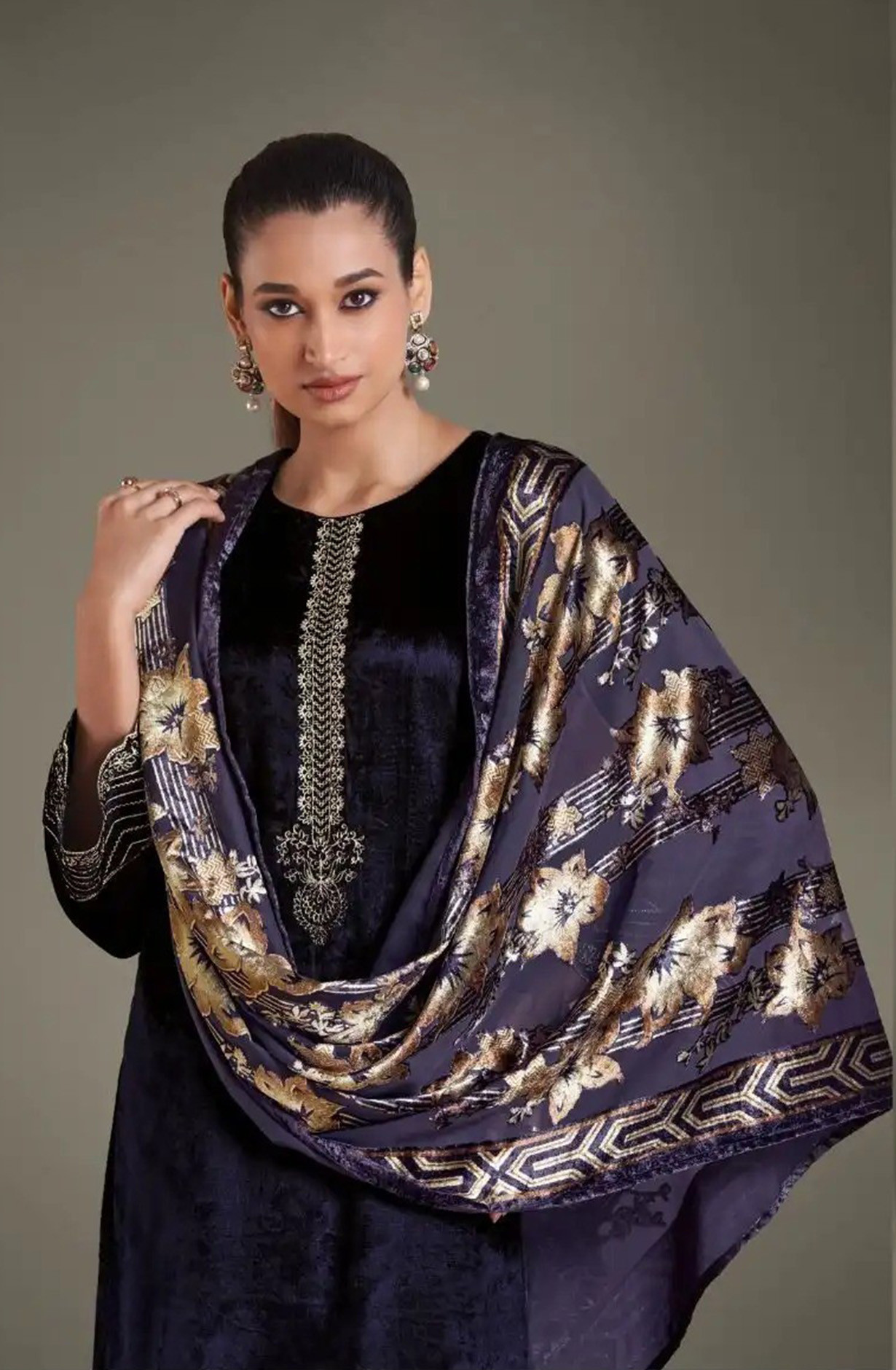 Blue Pure Viscose Velvet Suit with Dupatta - RIT8861B