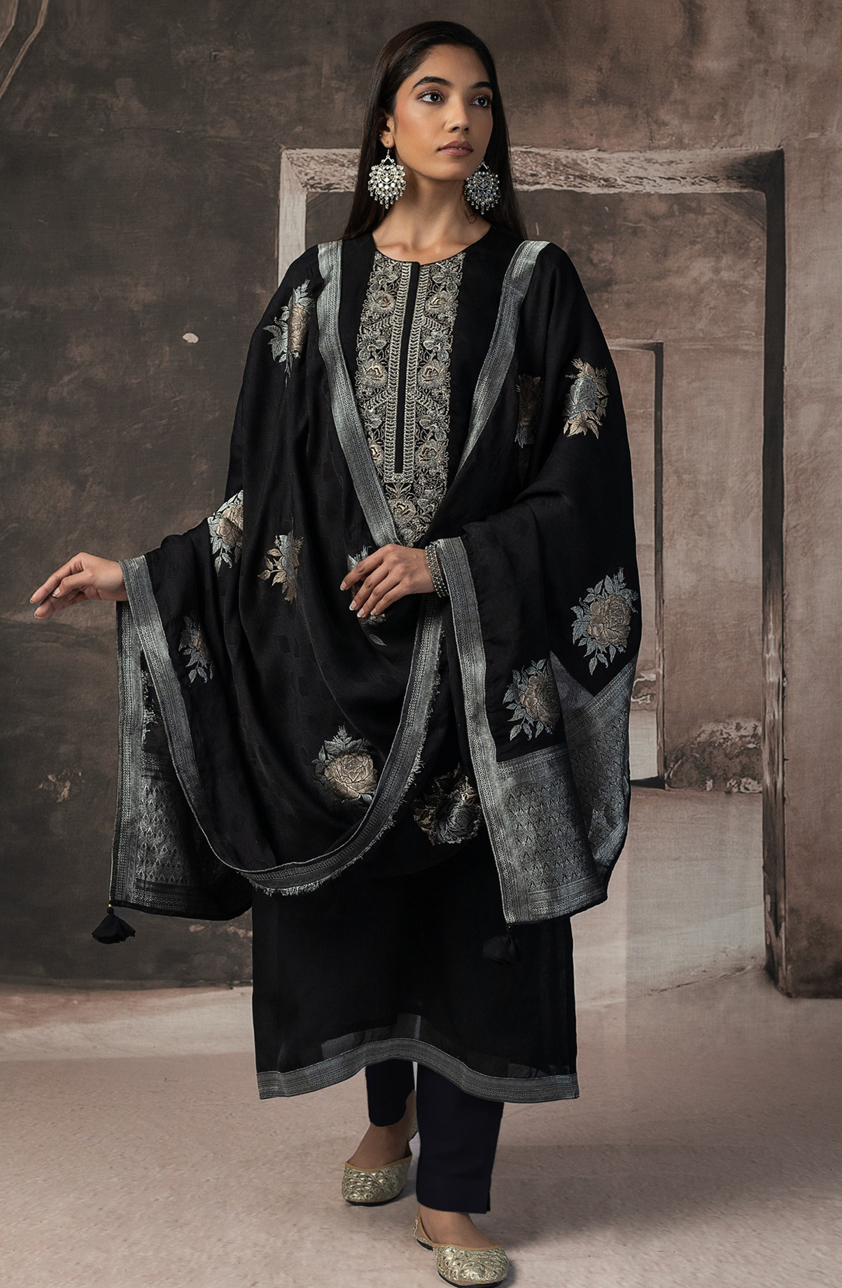Black Silk Jacquard Suit Set with Silk Dupatta - R157-SPR2534A
