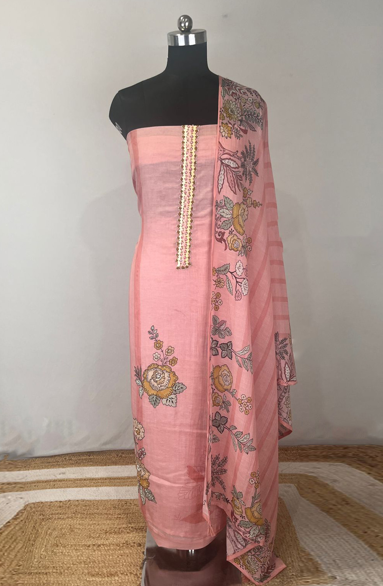 Pink Chanderi Unstitched suit set with dupatta- 131-MT0415