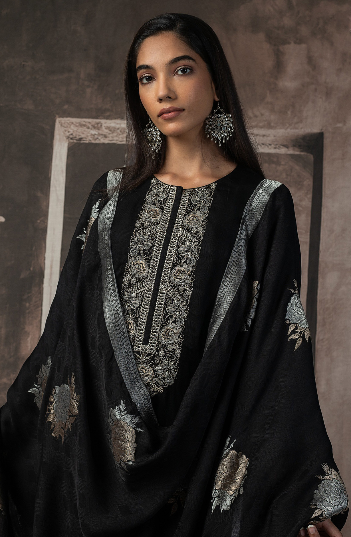 Black Silk Jacquard Suit Set with Silk Dupatta - R157-SPR2534A