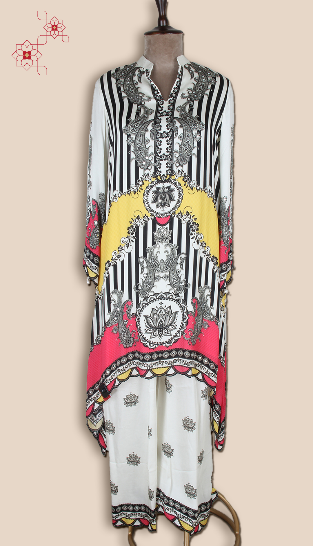 Cream and Black Ready-to-Wear Crepe Palazzo Suit - ARTS12452