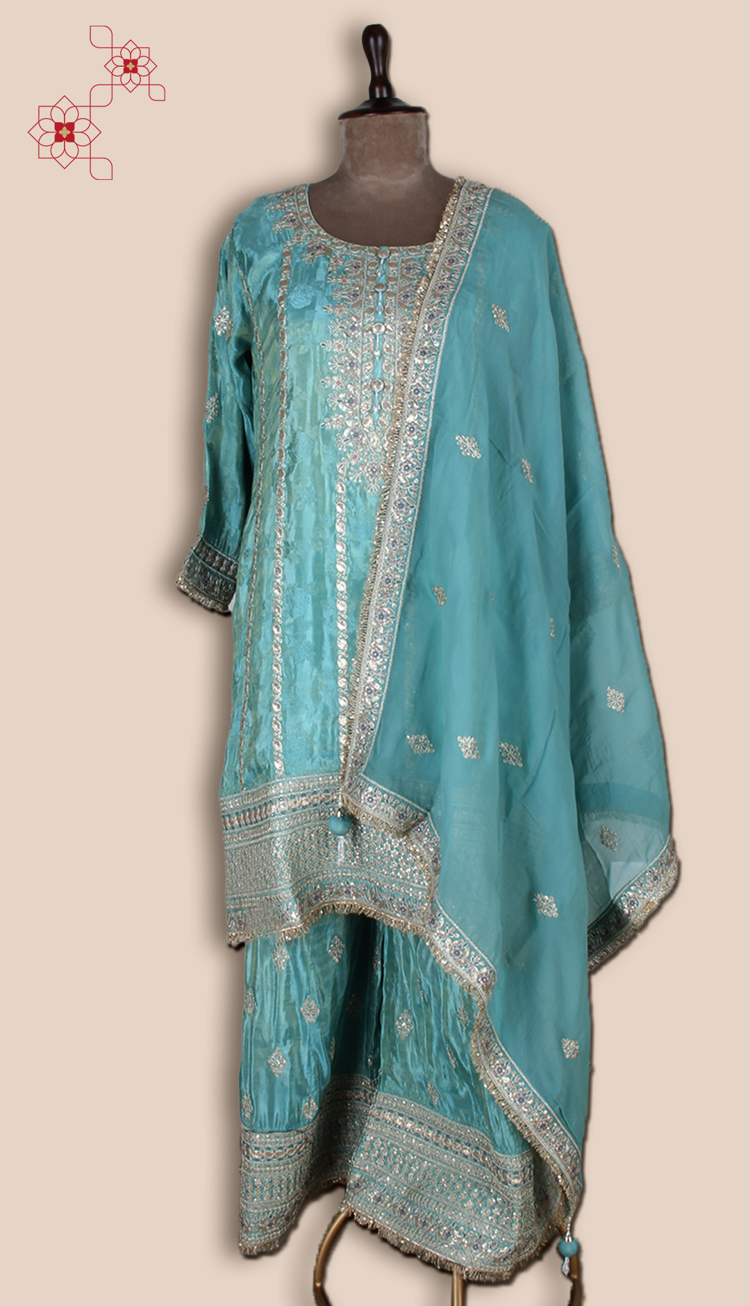 Firozi Designer Organza Silk Palazzo Suit with Zari and Sequins Work - ARTS4347A