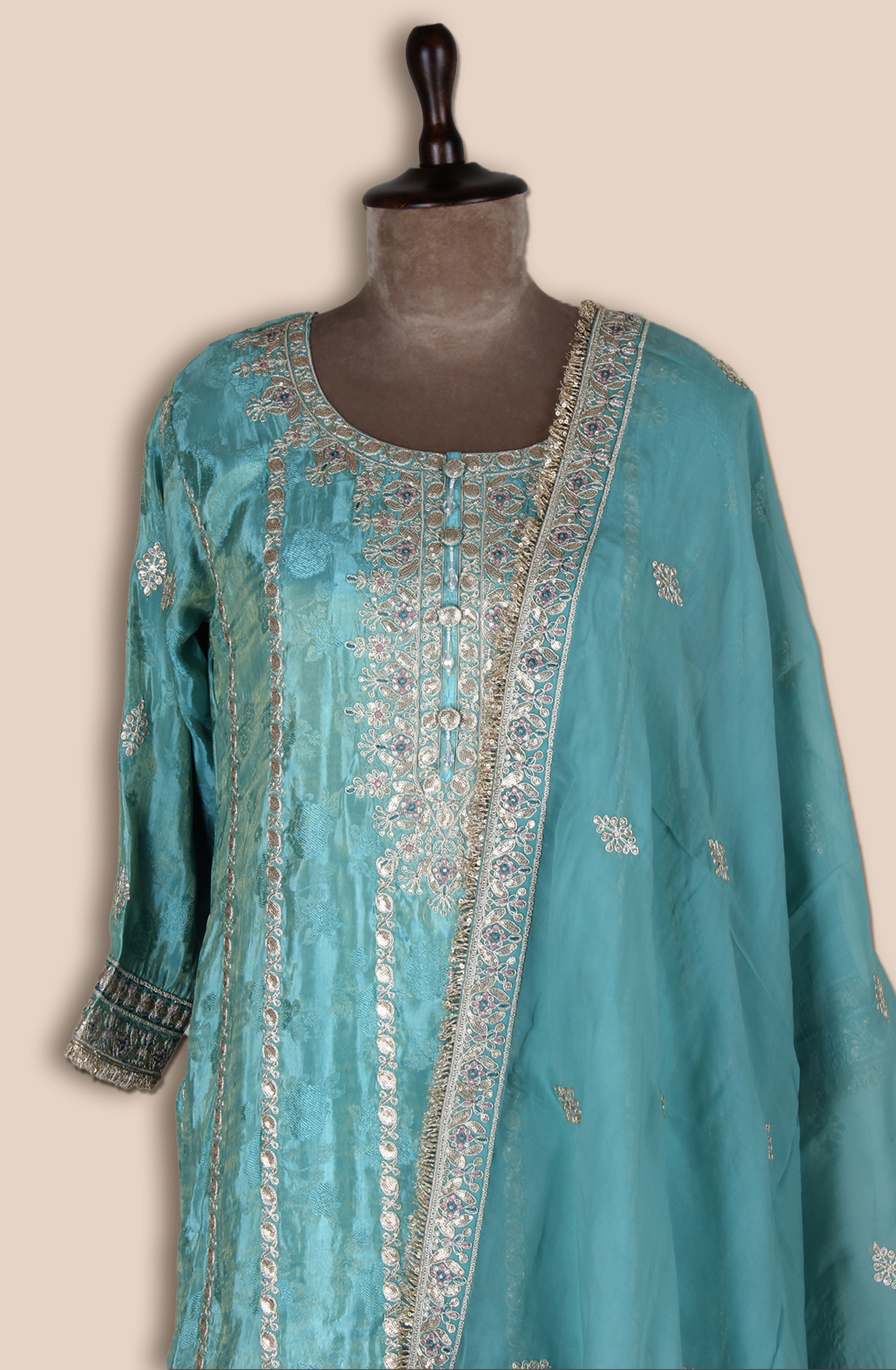 Firozi Designer Organza Silk Palazzo Suit with Zari and Sequins Work - ARTS4347A