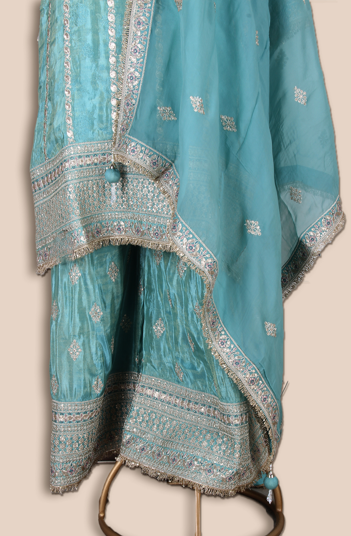 Firozi Designer Organza Silk Palazzo Suit with Zari and Sequins Work - ARTS4347A