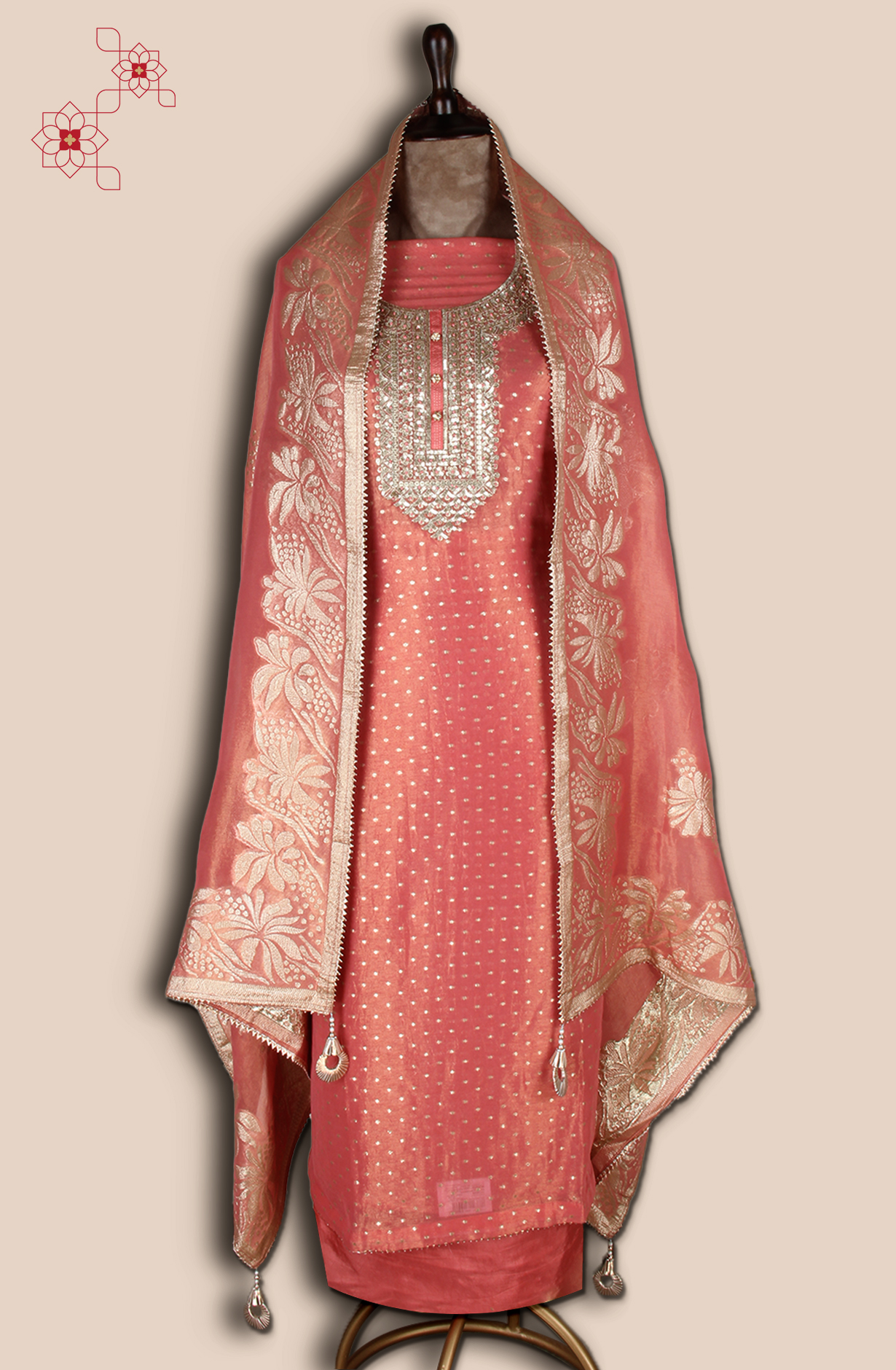 Peach Tissue Silk Unstitched Salwar Kameez - ARTS540B
