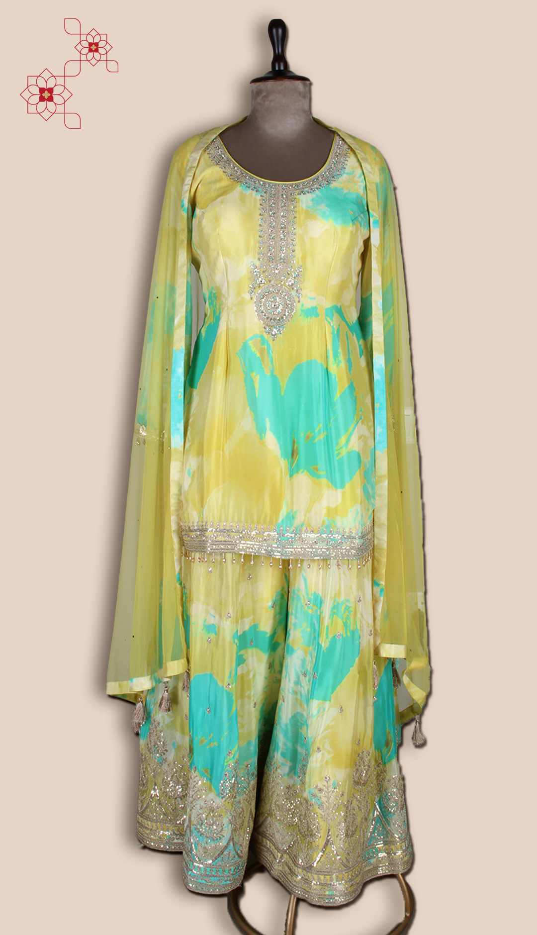 Lime Green Designer Crepe Palazzo Suit with Net Dupatta - ARTS575
