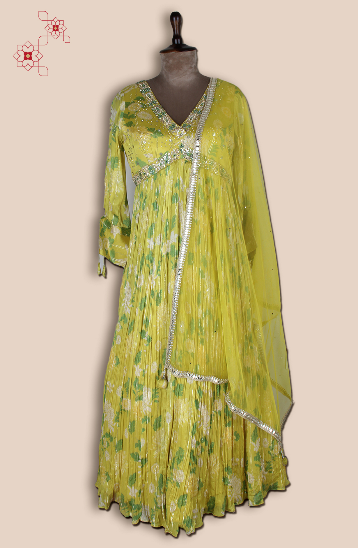Lime Green Designer Partywear Gown with Net Dupatta - ARTS577