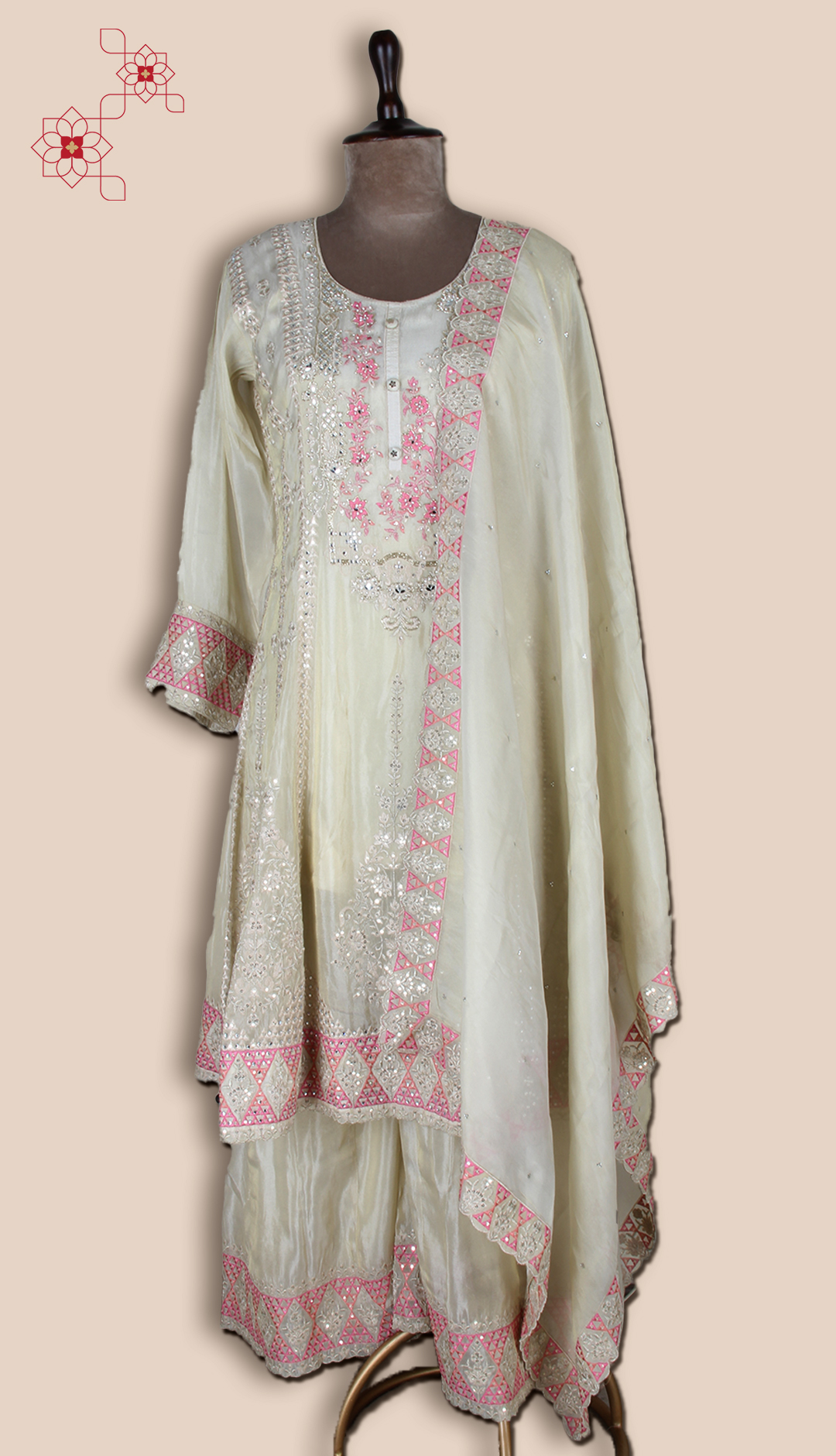 Beige Designer Partywear Organza Palazzo Suit - ARTSA290