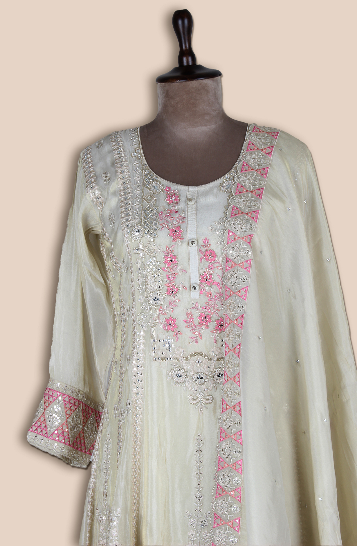 Beige Designer Partywear Organza Palazzo Suit - ARTSA290