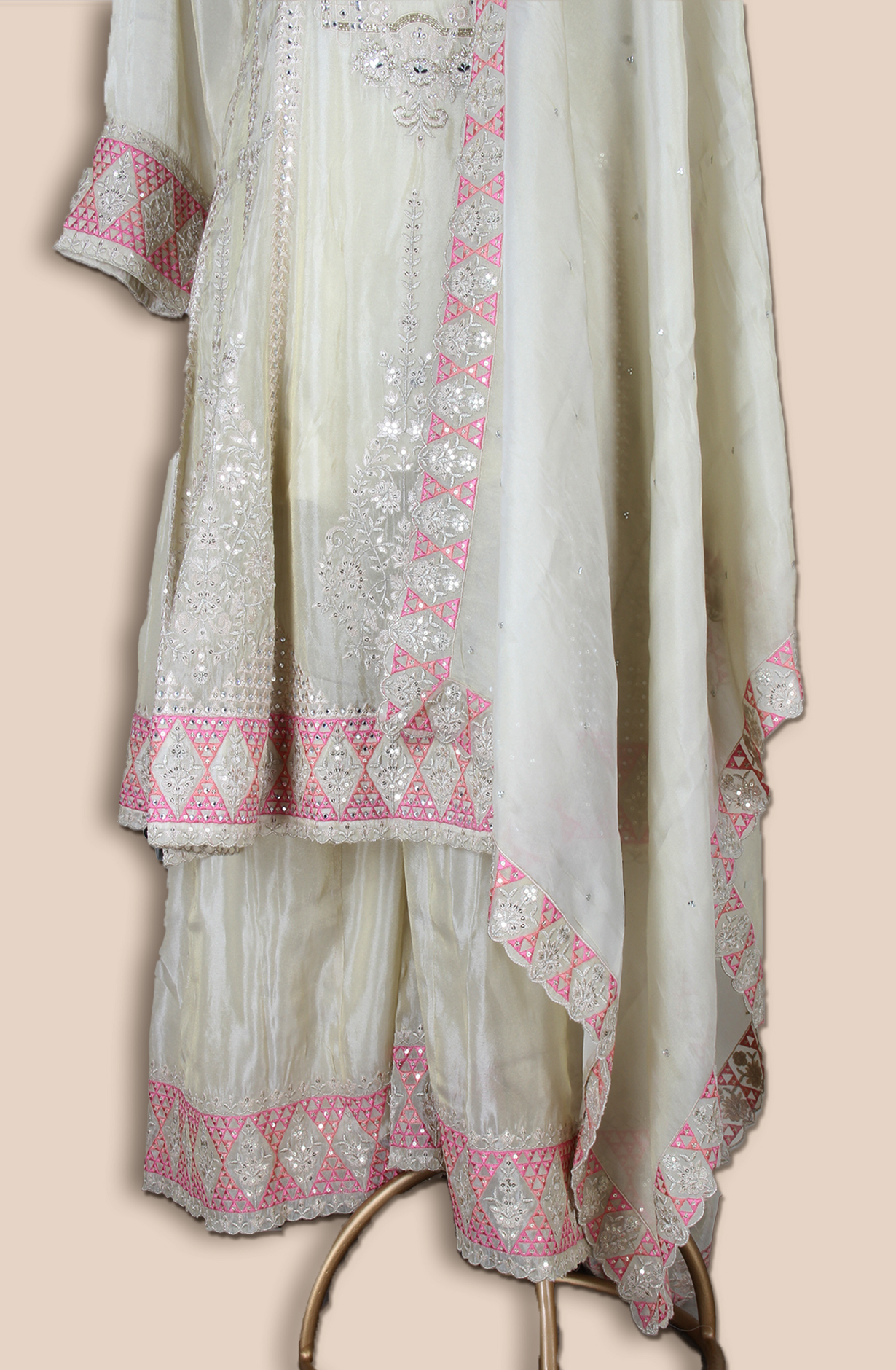 Beige Designer Partywear Organza Palazzo Suit - ARTSA290