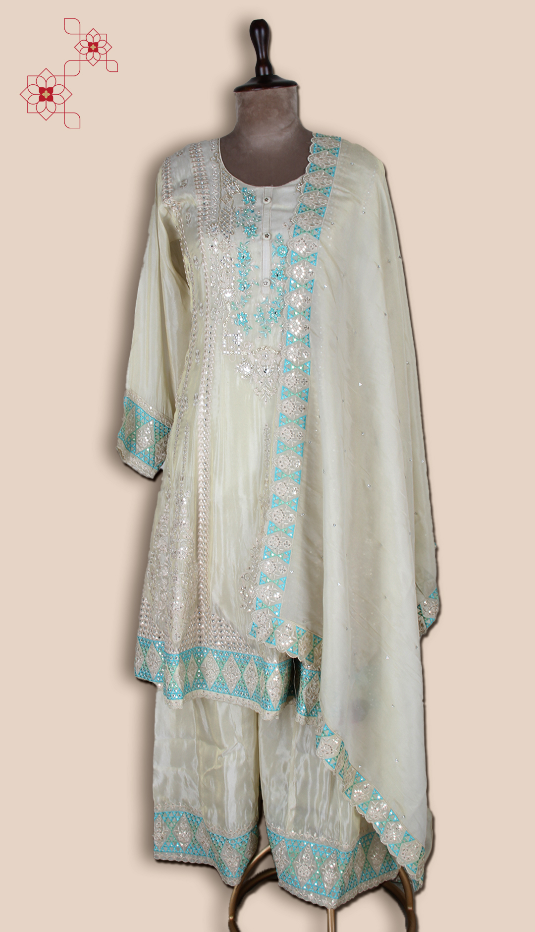 Beige Designer Partywear Organza Palazzo Suit - ARTSA290A