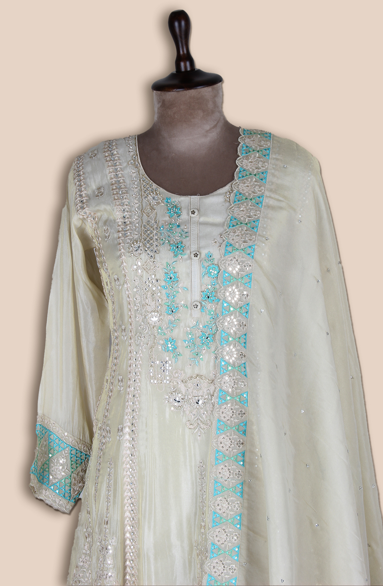 Beige Designer Partywear Organza Palazzo Suit - ARTSA290A