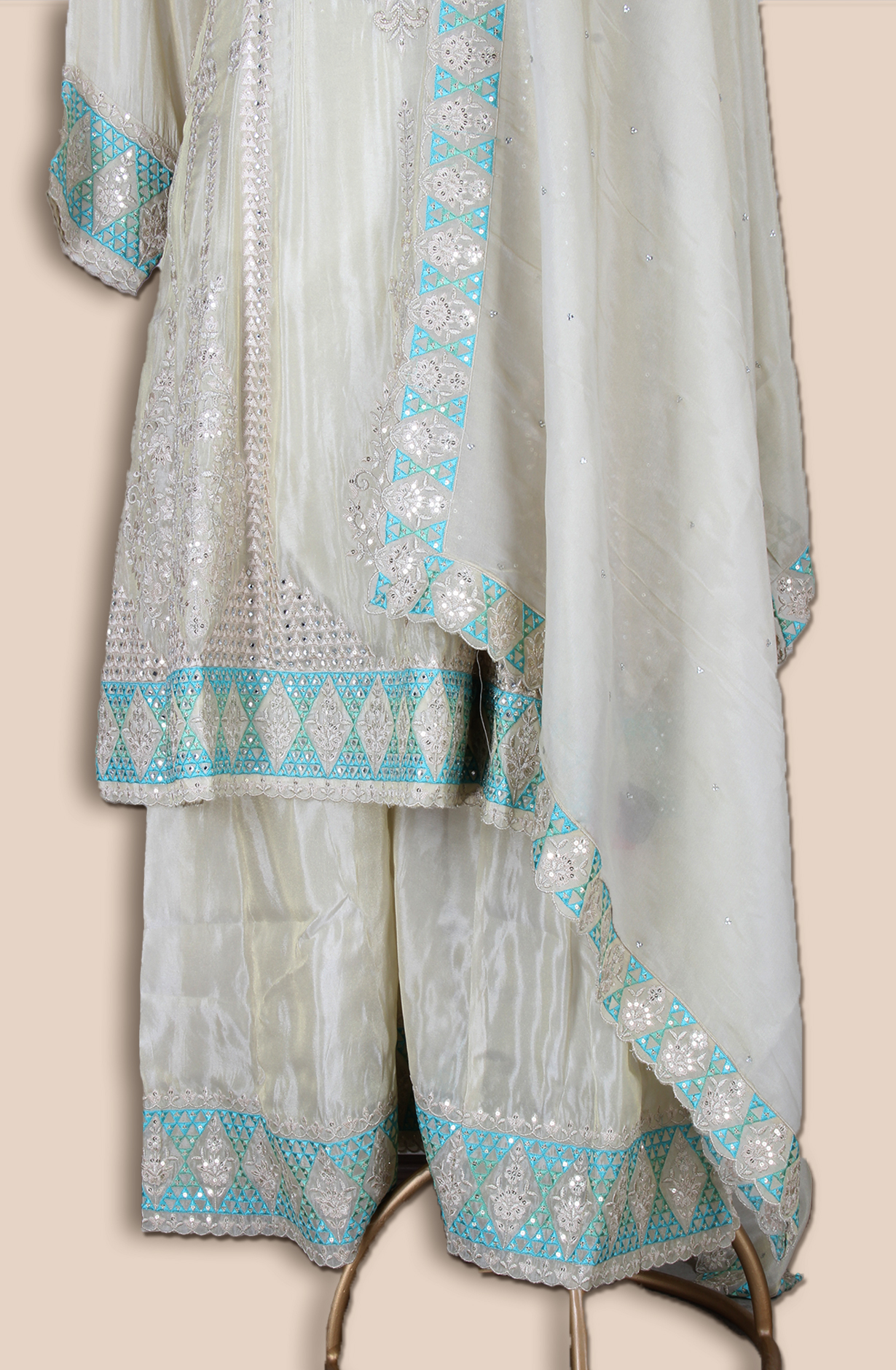 Beige Designer Partywear Organza Palazzo Suit - ARTSA290A