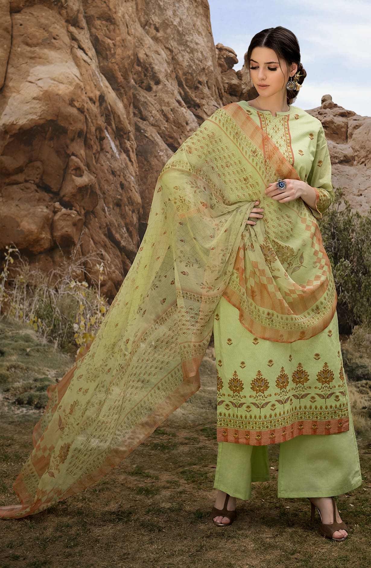Parrot Green Cotton Unstitched Digital Printed Suit with Chiffon Dupatta - ARW1128