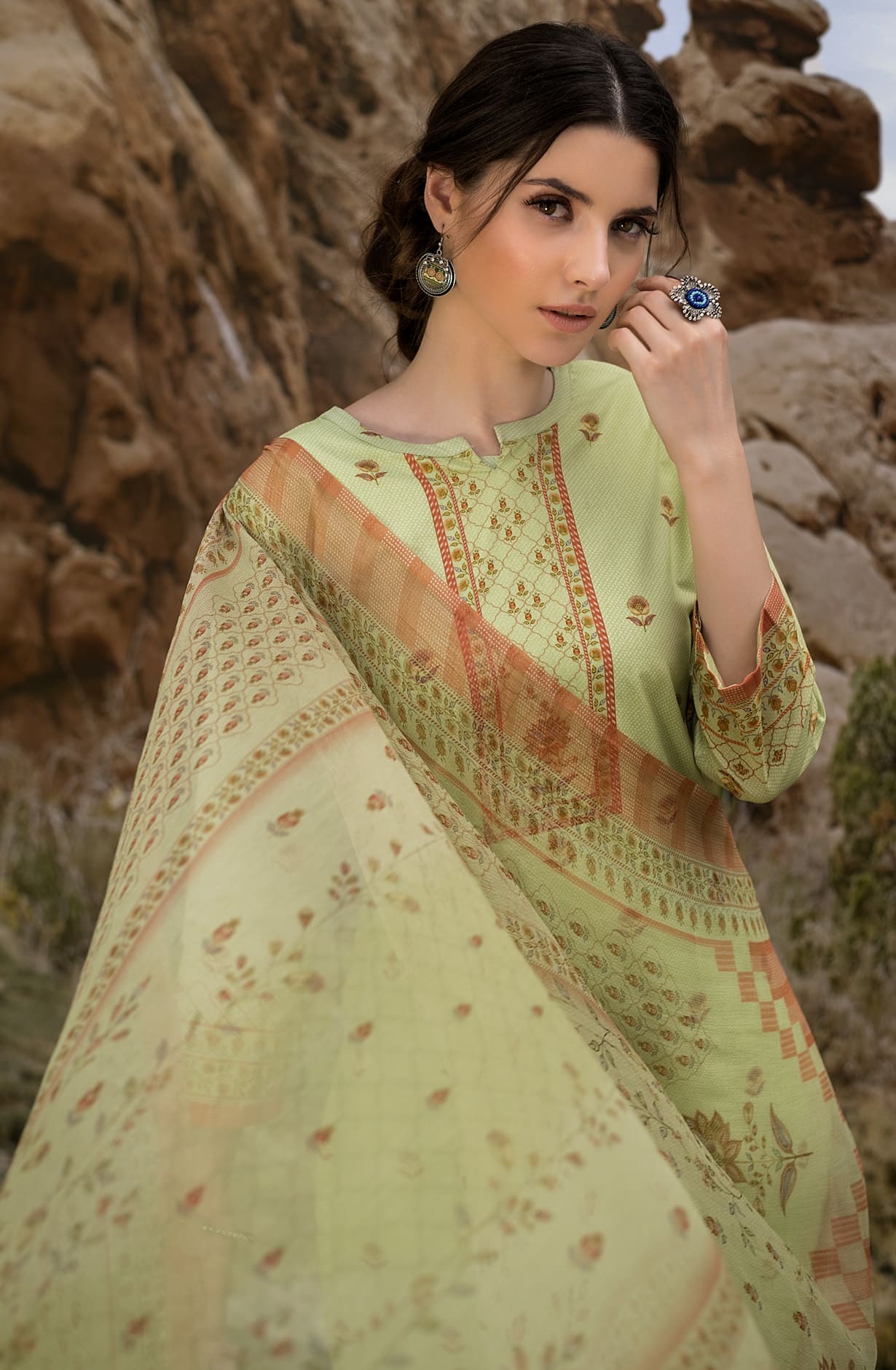 Parrot Green Cotton Unstitched Digital Printed Suit with Chiffon Dupatta - ARW1128