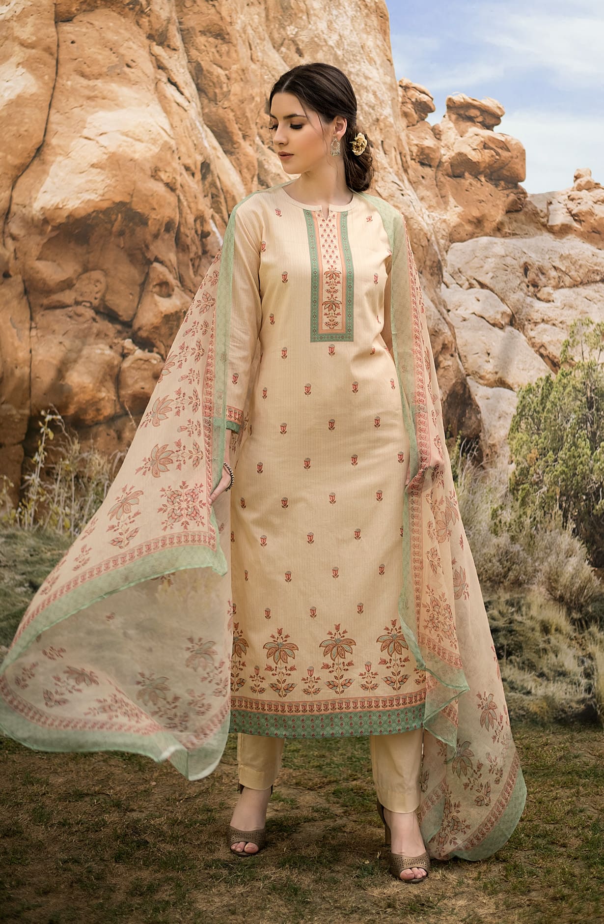 Fawn Cotton Unstitched Digital Printed Suit with Chiffon Dupatta - ARW1134