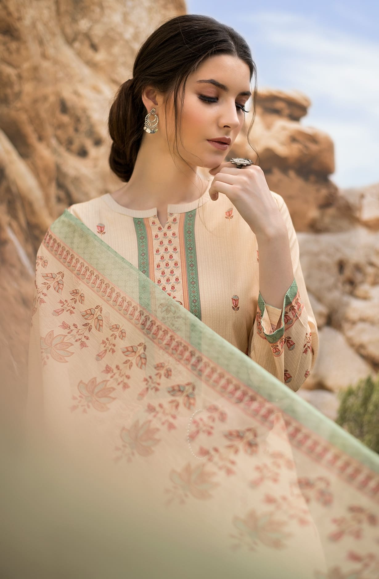 Fawn Cotton Unstitched Digital Printed Suit with Chiffon Dupatta - ARW1134