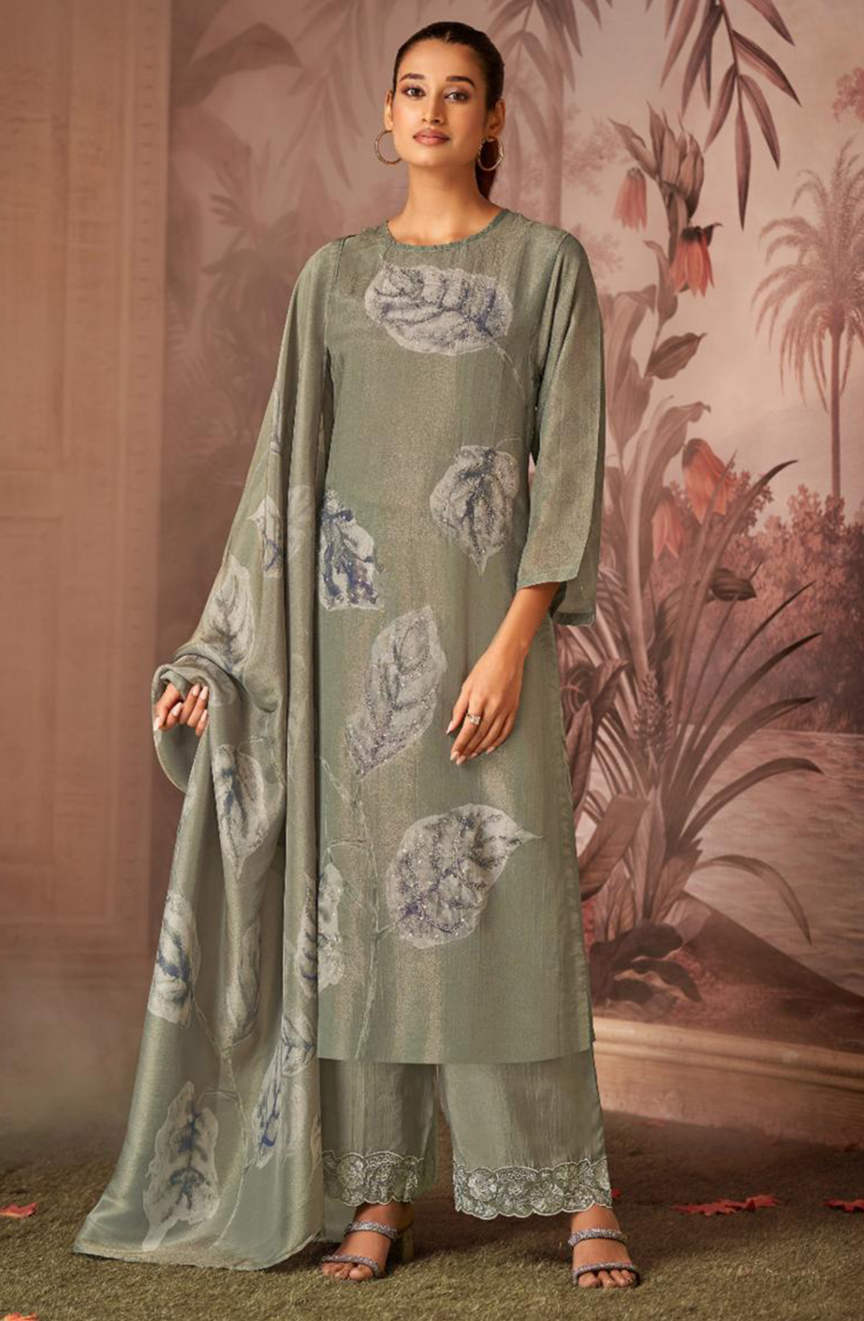 Olive Green Allover Printed Pashmina Suit Set - ARZ7532