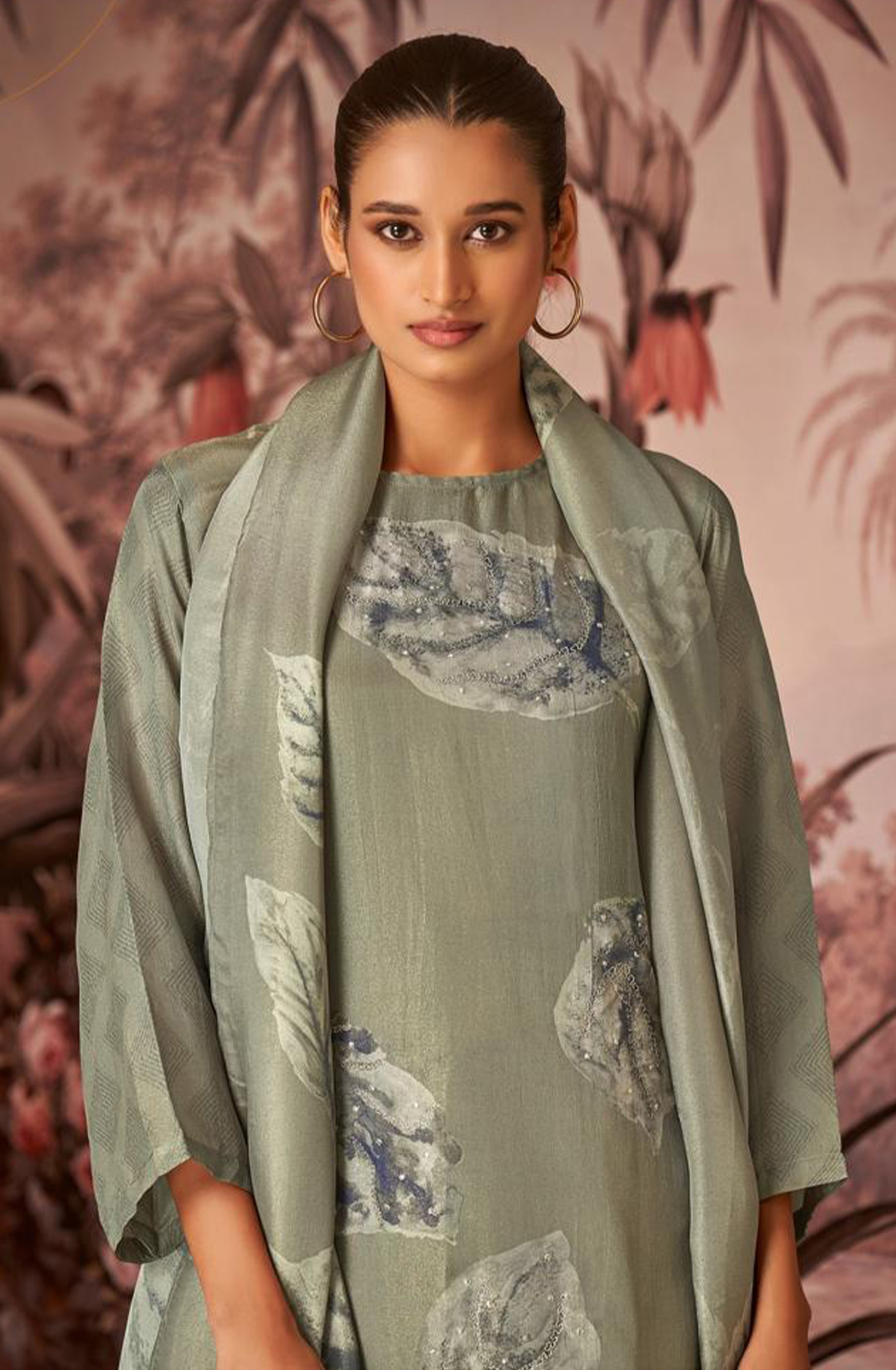 Olive Green Allover Printed Pashmina Suit Set - ARZ7532