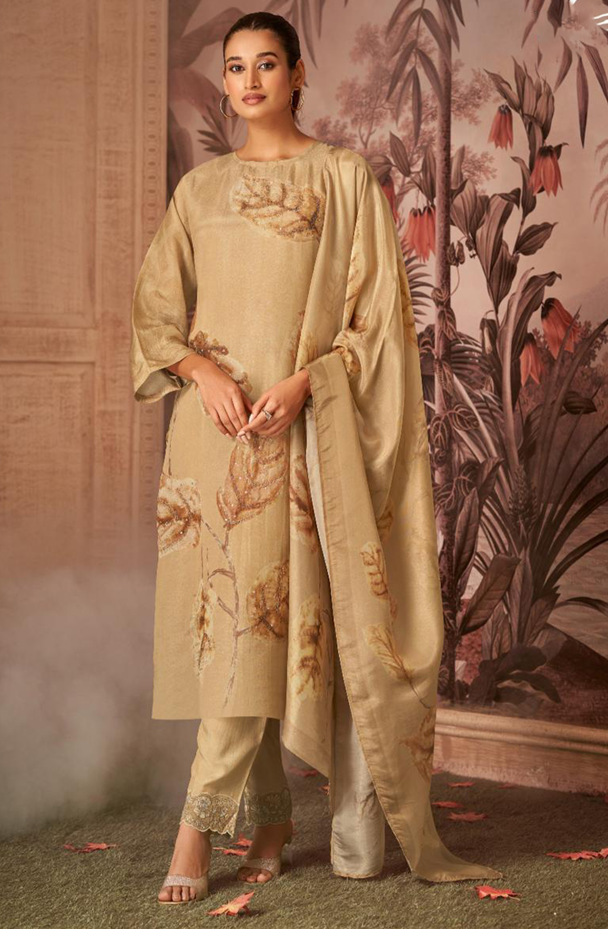 Beige Allover Printed Pashmina Suit Set - ARZ7551