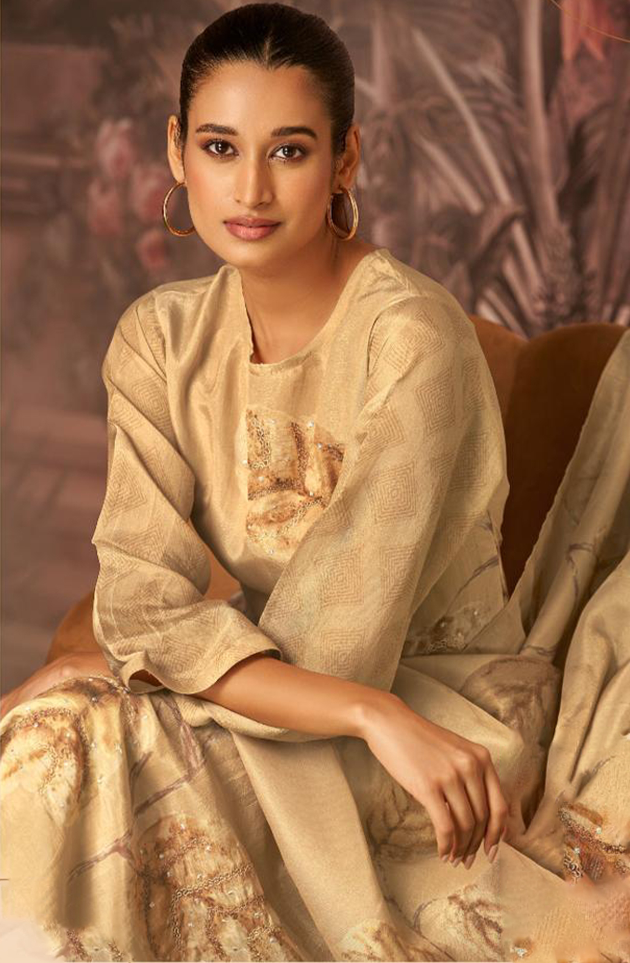 Beige Allover Printed Pashmina Suit Set - ARZ7551