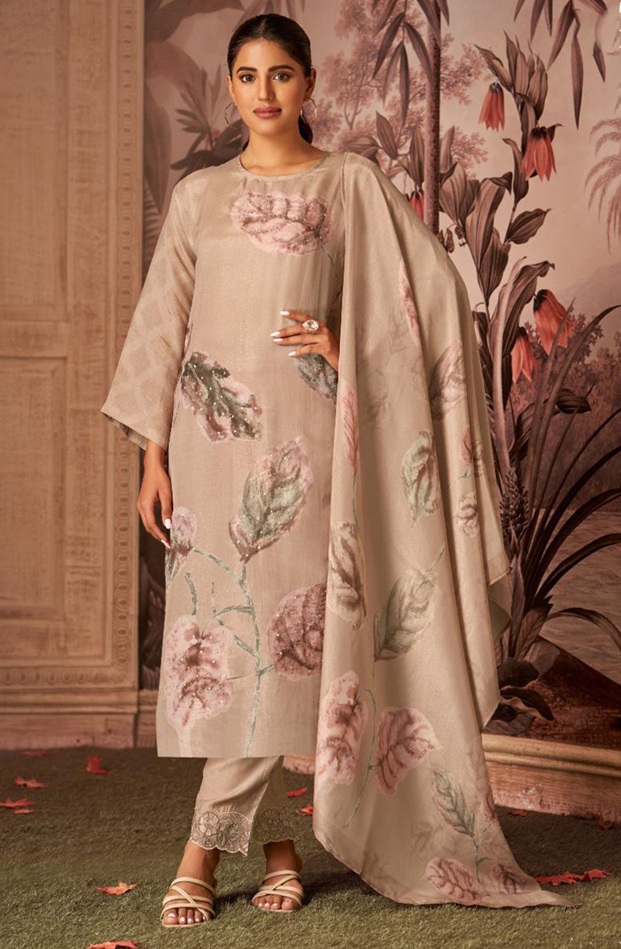 Mauve Allover Printed Pashmina Suit Set - ARZ7563