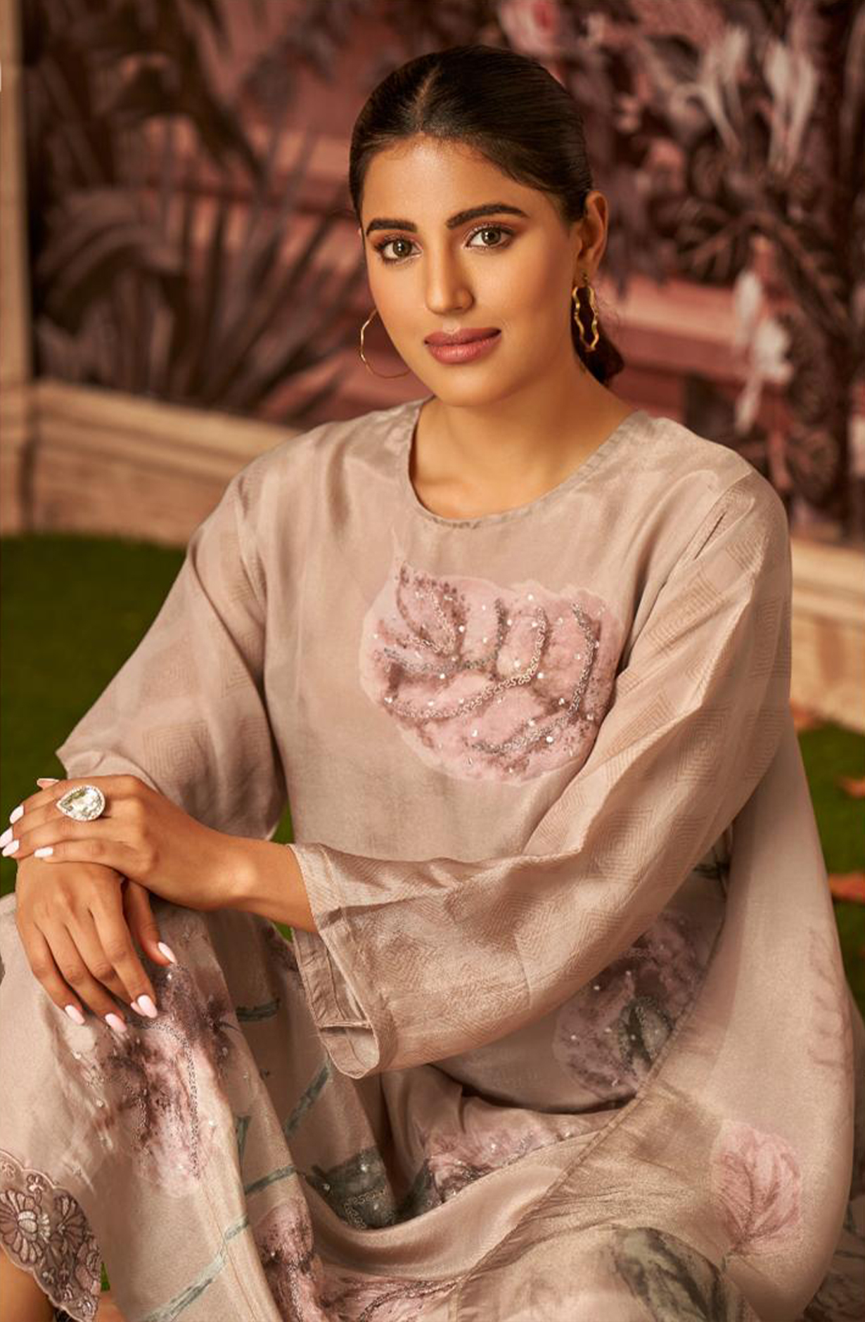 Mauve Allover Printed Pashmina Suit Set - ARZ7563