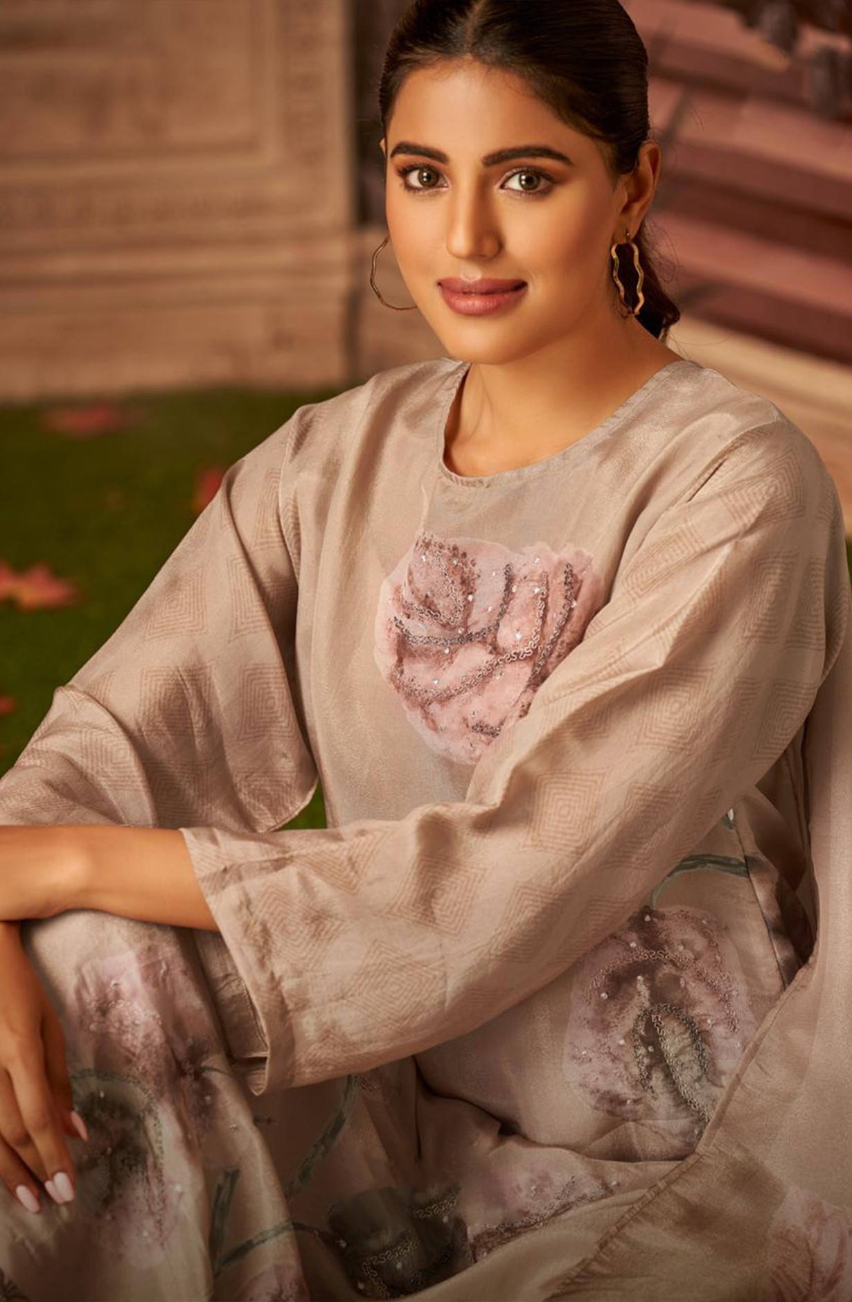 Mauve Allover Printed Pashmina Suit Set - ARZ7563