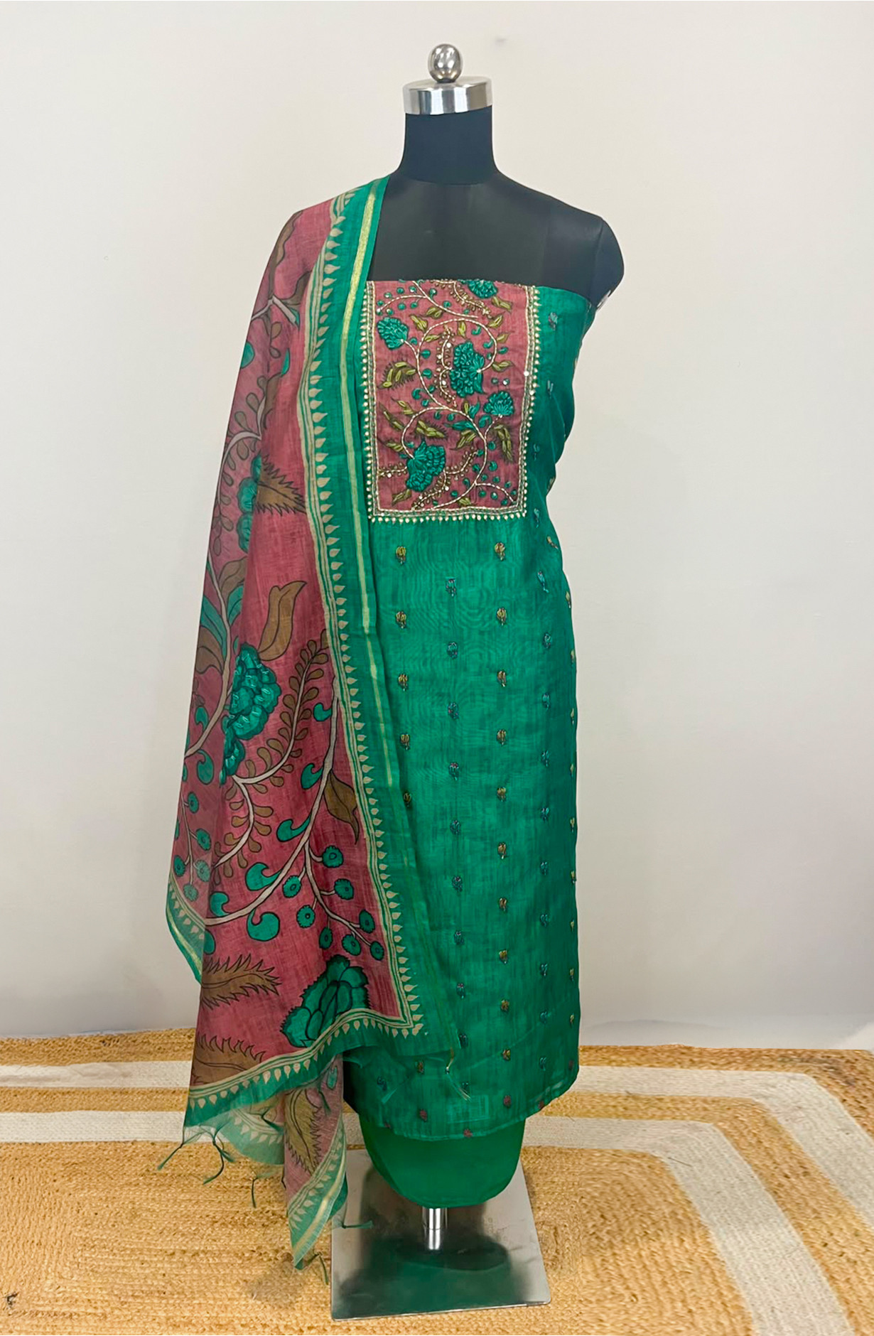 Green Chanderi Unstitched Suit Set with Beautiful Dupatta - 985-VTA146