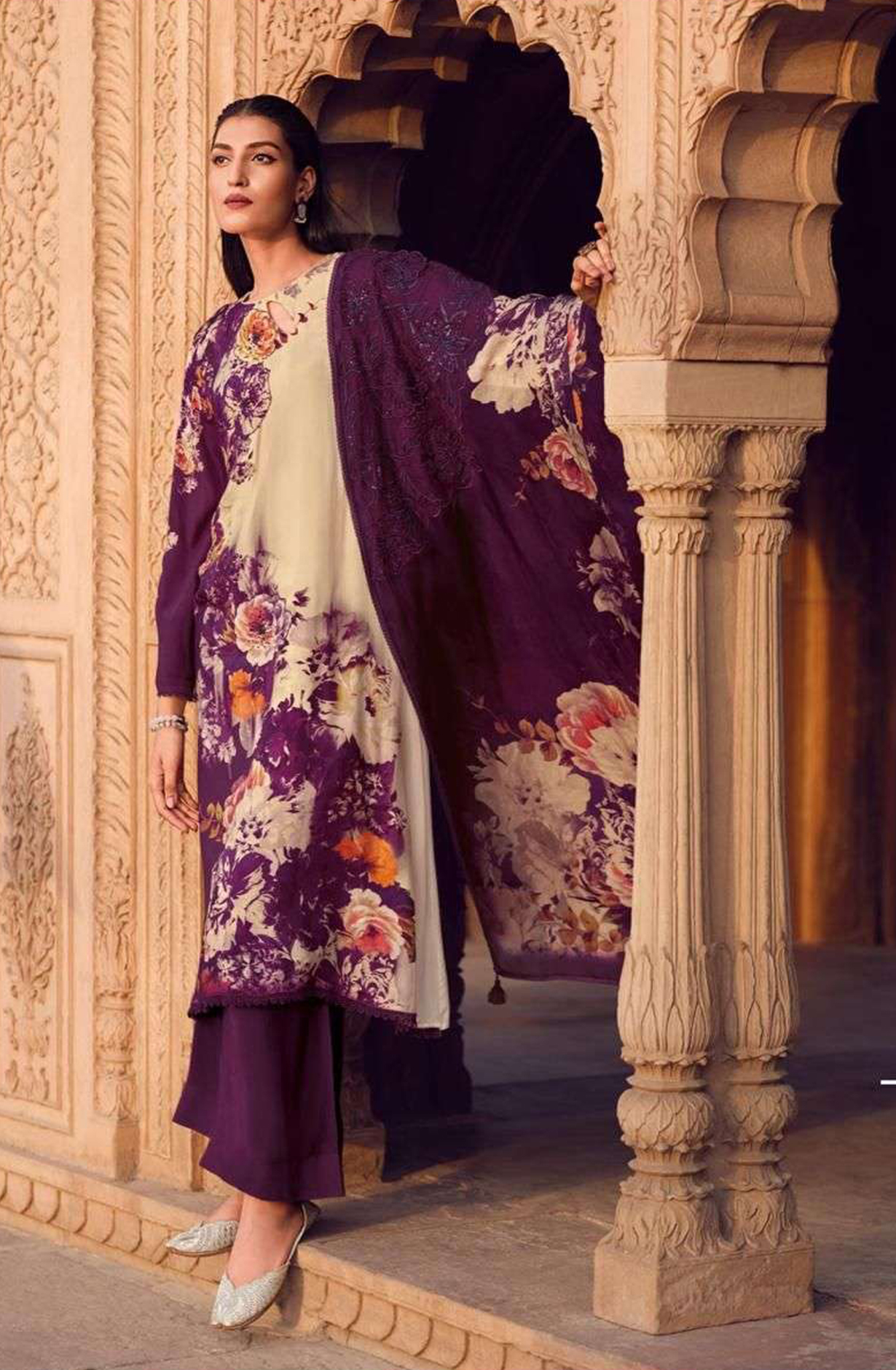 Purple Muslin Digital Printed Lace Work Salwar Kameez with Organza Dupatta - ASH01