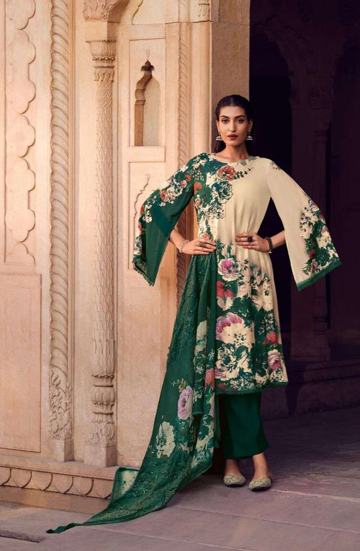 Bottle Green Muslin Digital Printed Lace Work Salwar Kameez with Organza Dupatta - ASH03