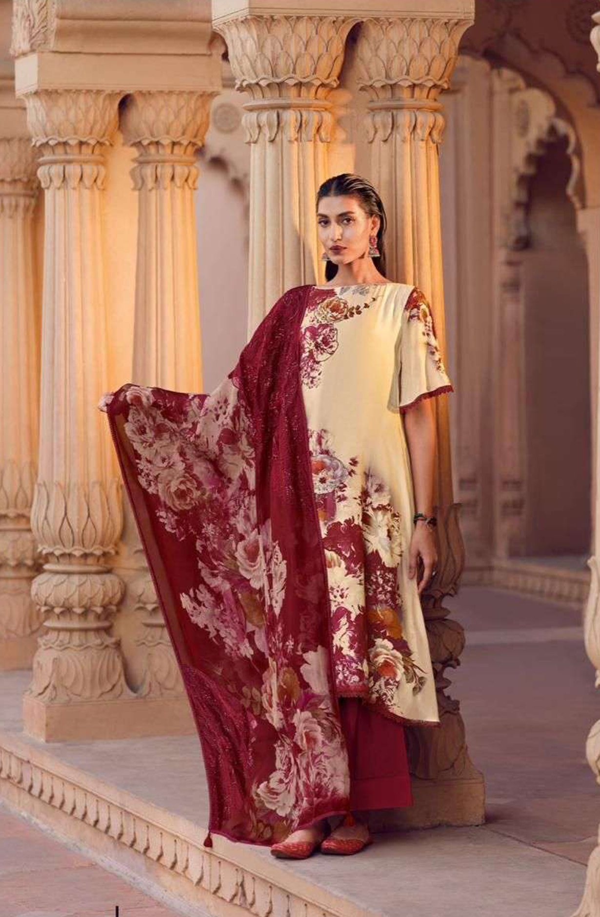 Maroon Muslin Digital Printed Lace Work Salwar Kameez with Organza Dupatta - ASH04