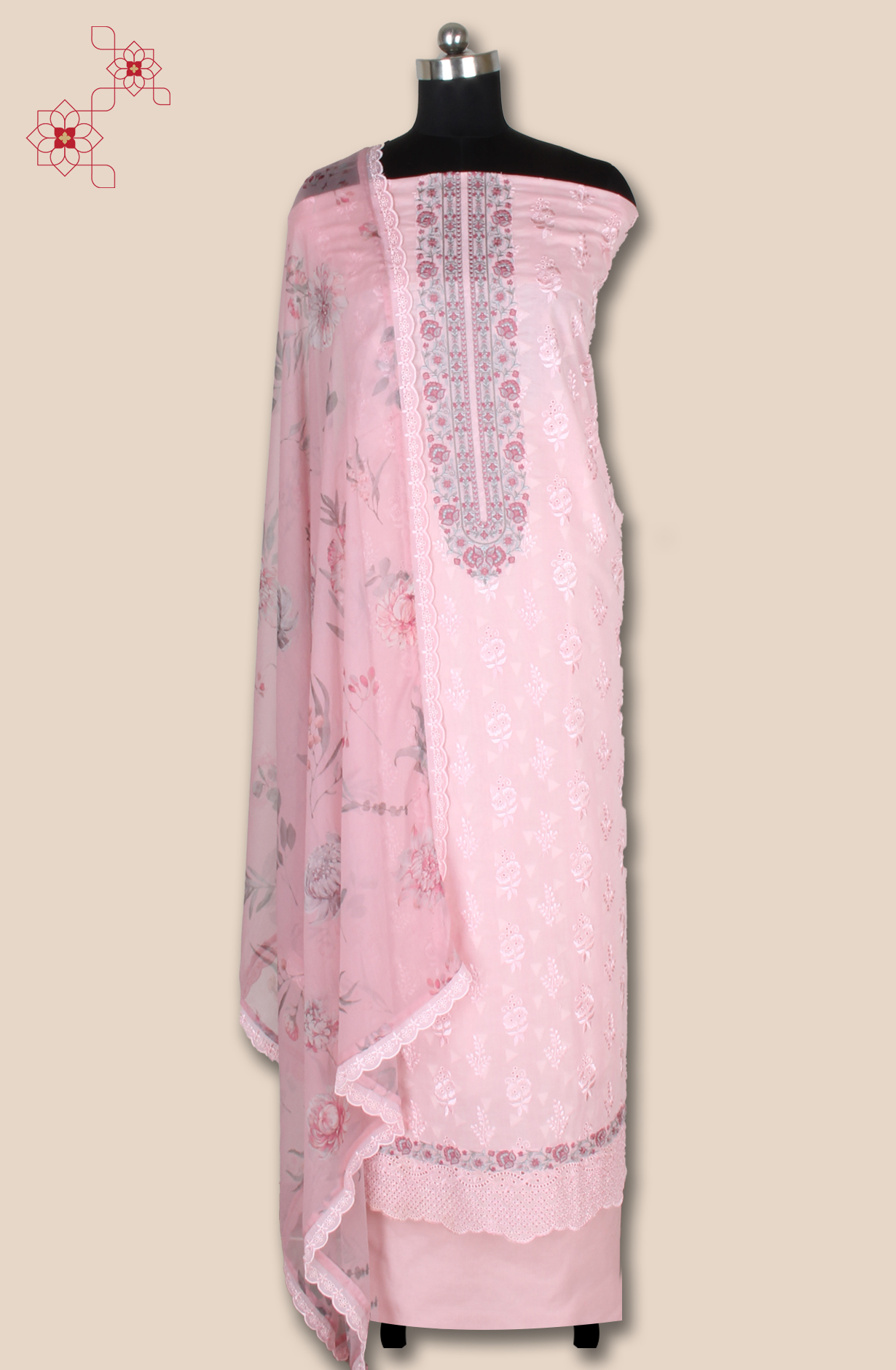 Pink Cotton Jacquard Embroidered Salwar Kameez with Chiffon Dupatta - ASH2199C