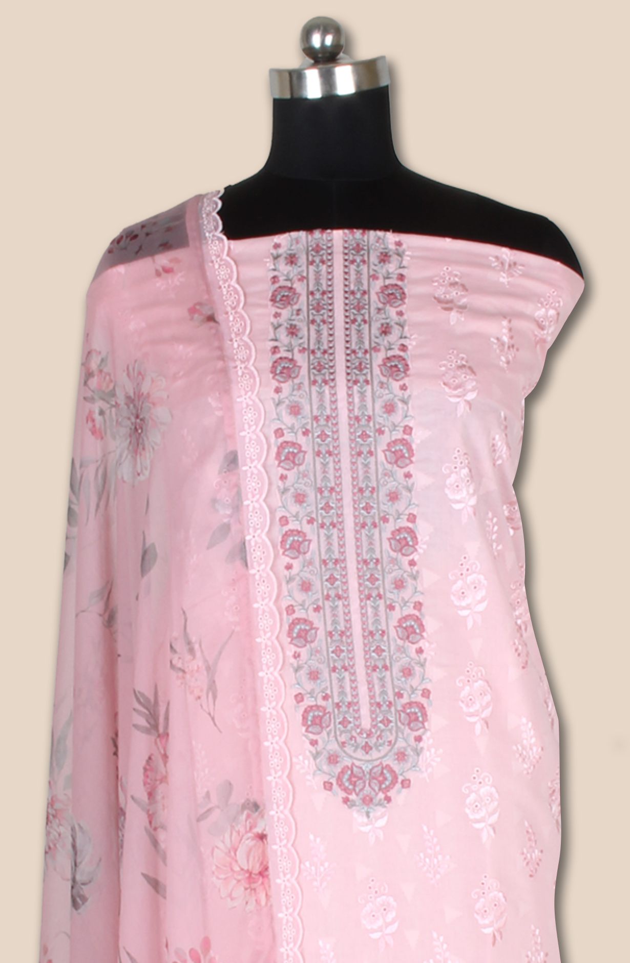 Pink Cotton Jacquard Embroidered Salwar Kameez with Chiffon Dupatta - ASH2199C