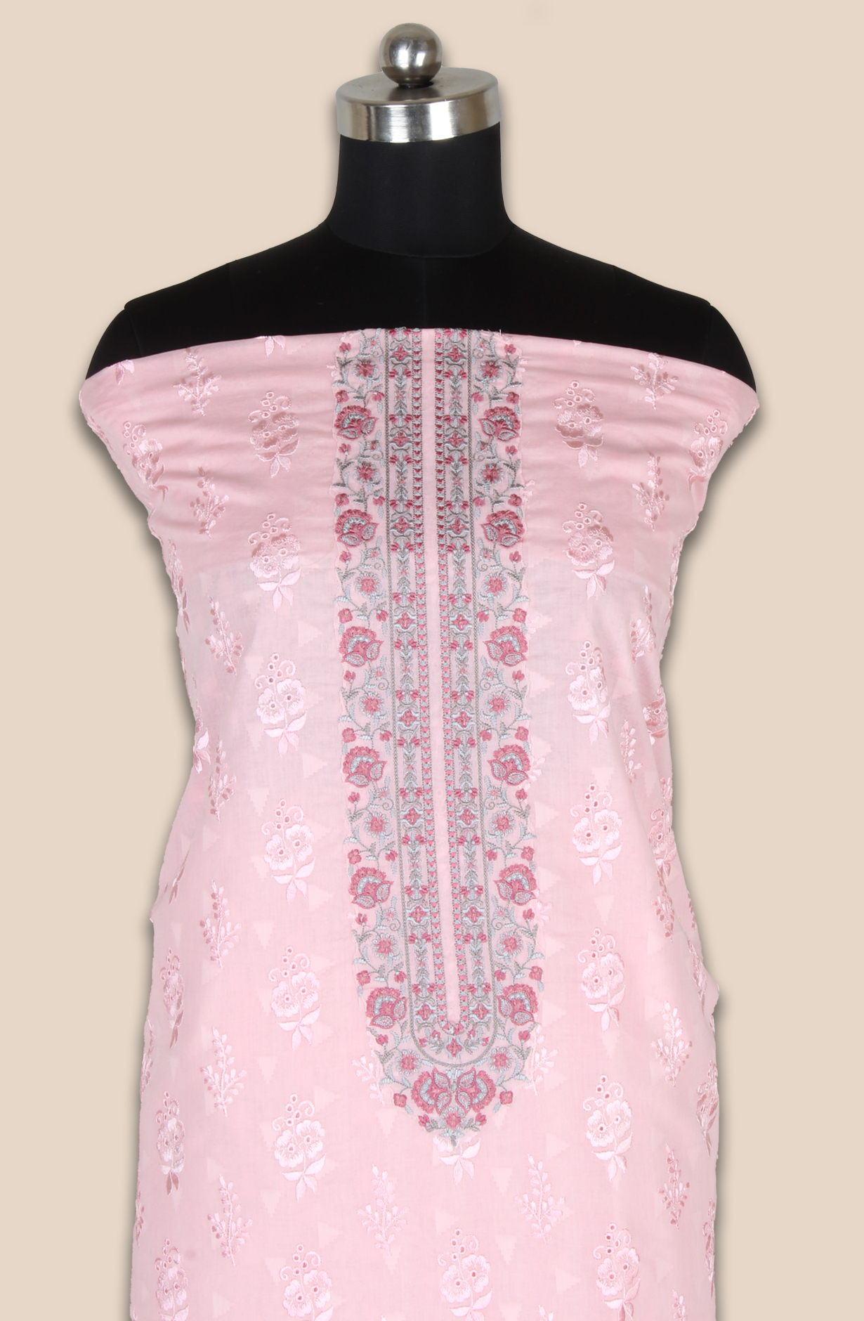 Pink Cotton Jacquard Embroidered Salwar Kameez with Chiffon Dupatta - ASH2199C