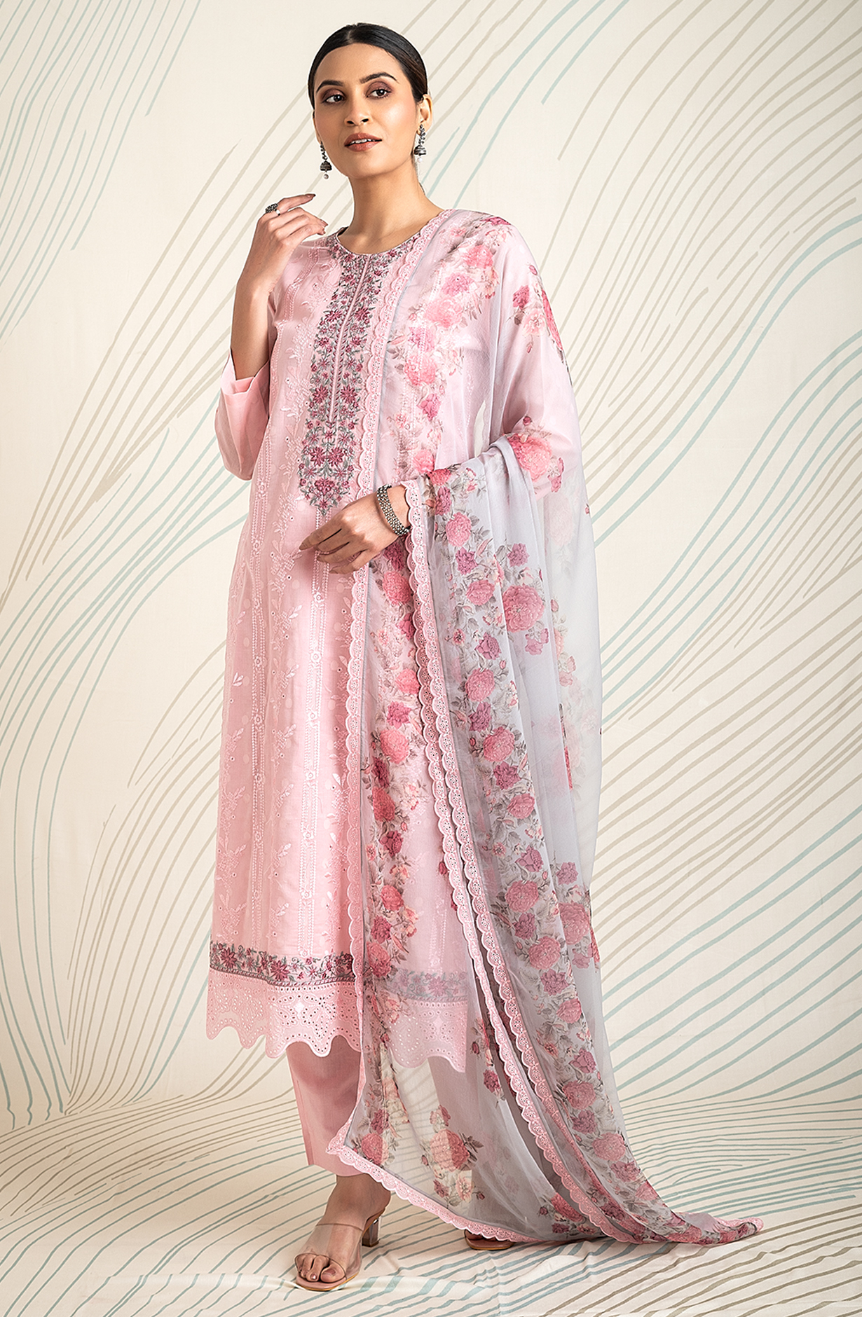 Pink Cotton Jacquard Embroidered Salwar Kameez with Chiffon Dupatta - ASH2200C