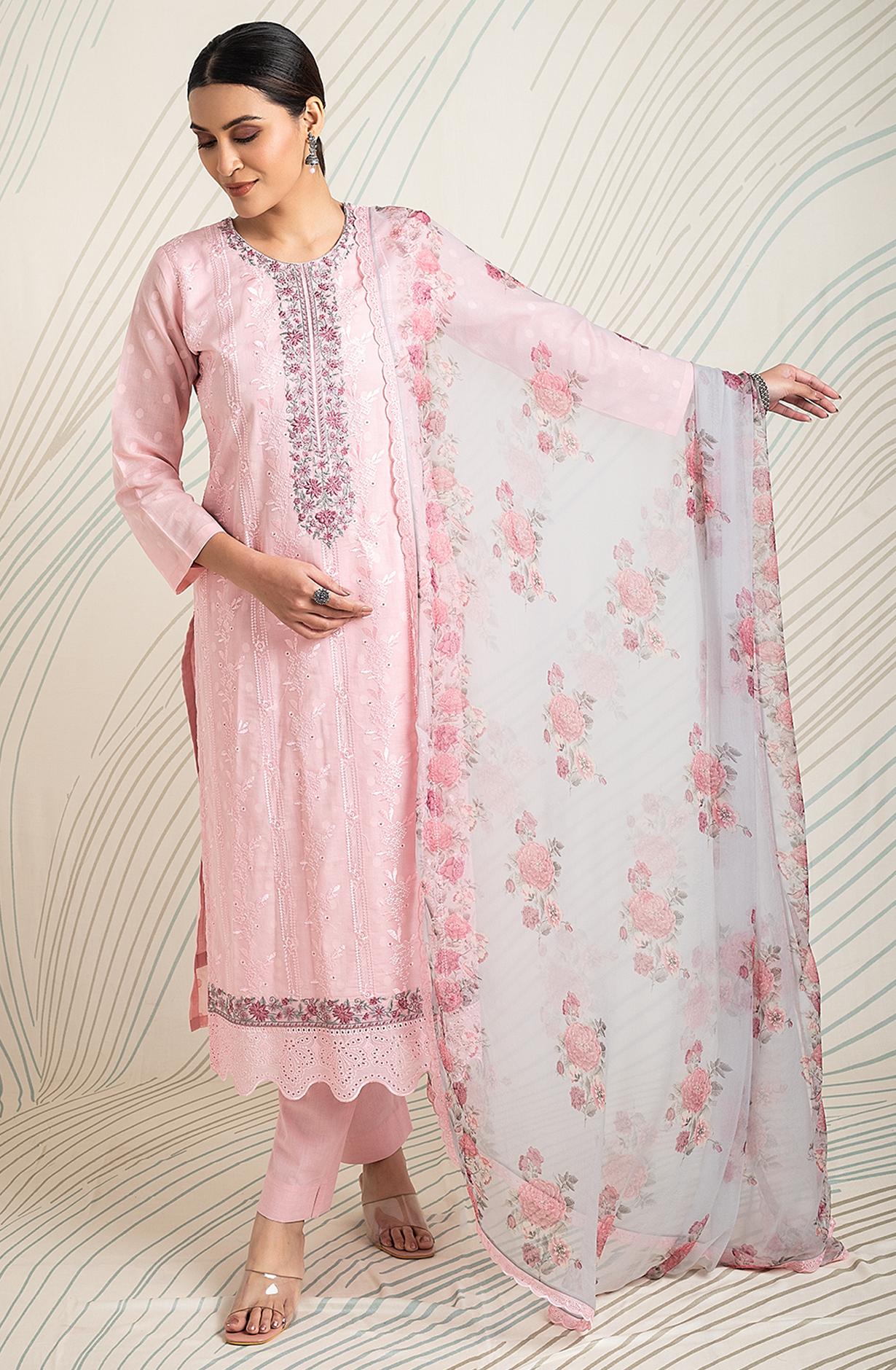 Pink Cotton Jacquard Embroidered Salwar Kameez with Chiffon Dupatta - ASH2200C