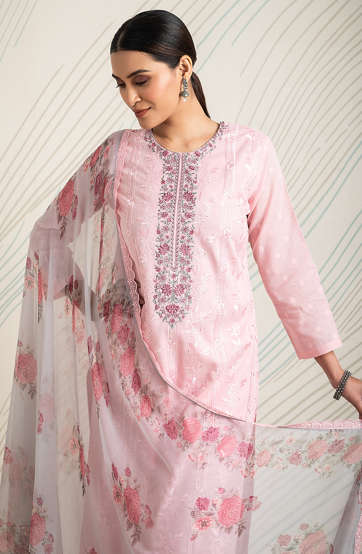 Pink Cotton Jacquard Embroidered Salwar Kameez with Chiffon Dupatta - ASH2200C