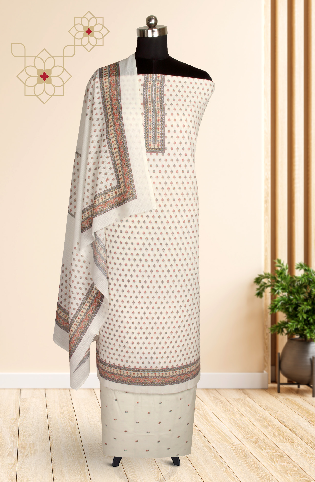 Cream Printed Unstitched Cotton Dress Material - ASM1277D