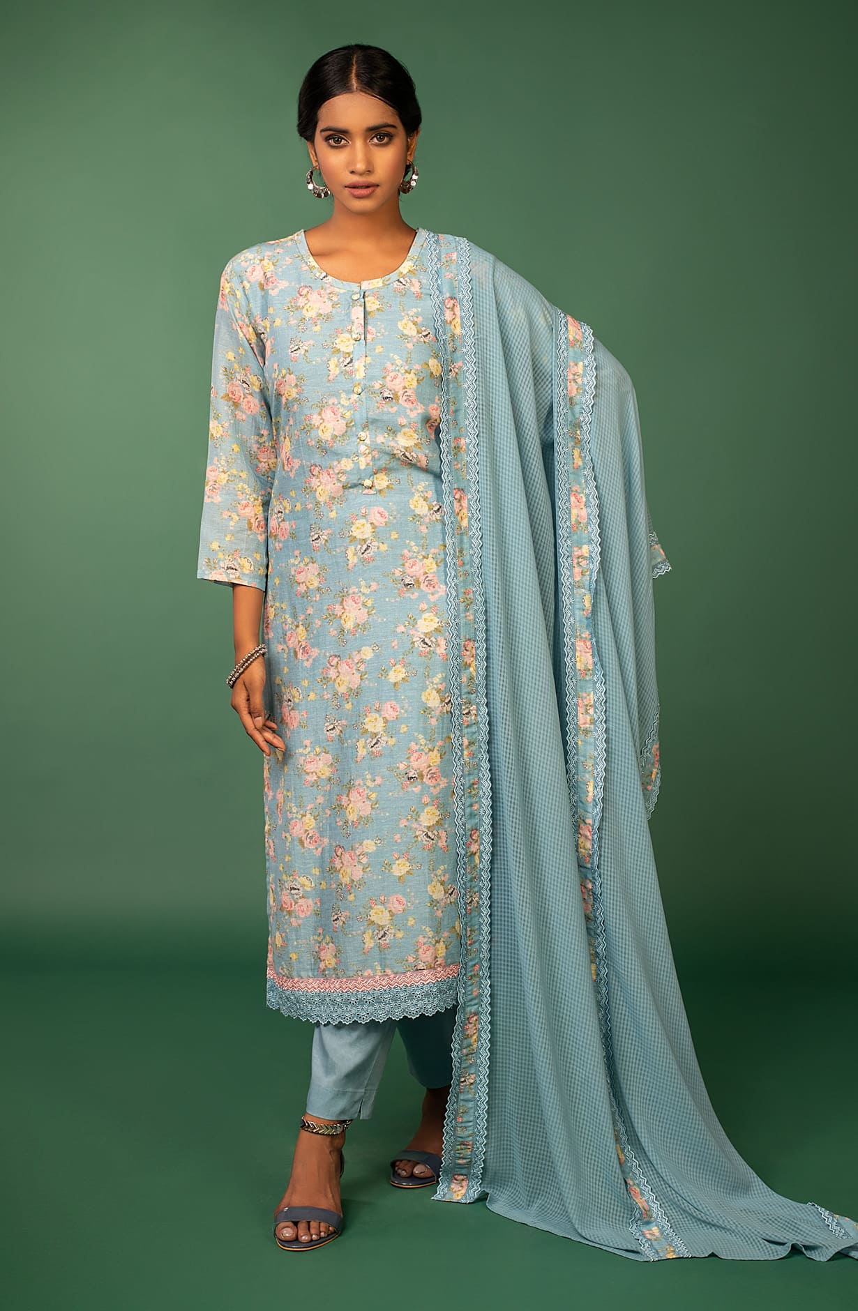Pastel Blue Linen Exclusive Unstitched Salwar Kameez Suit-Set- AST1441