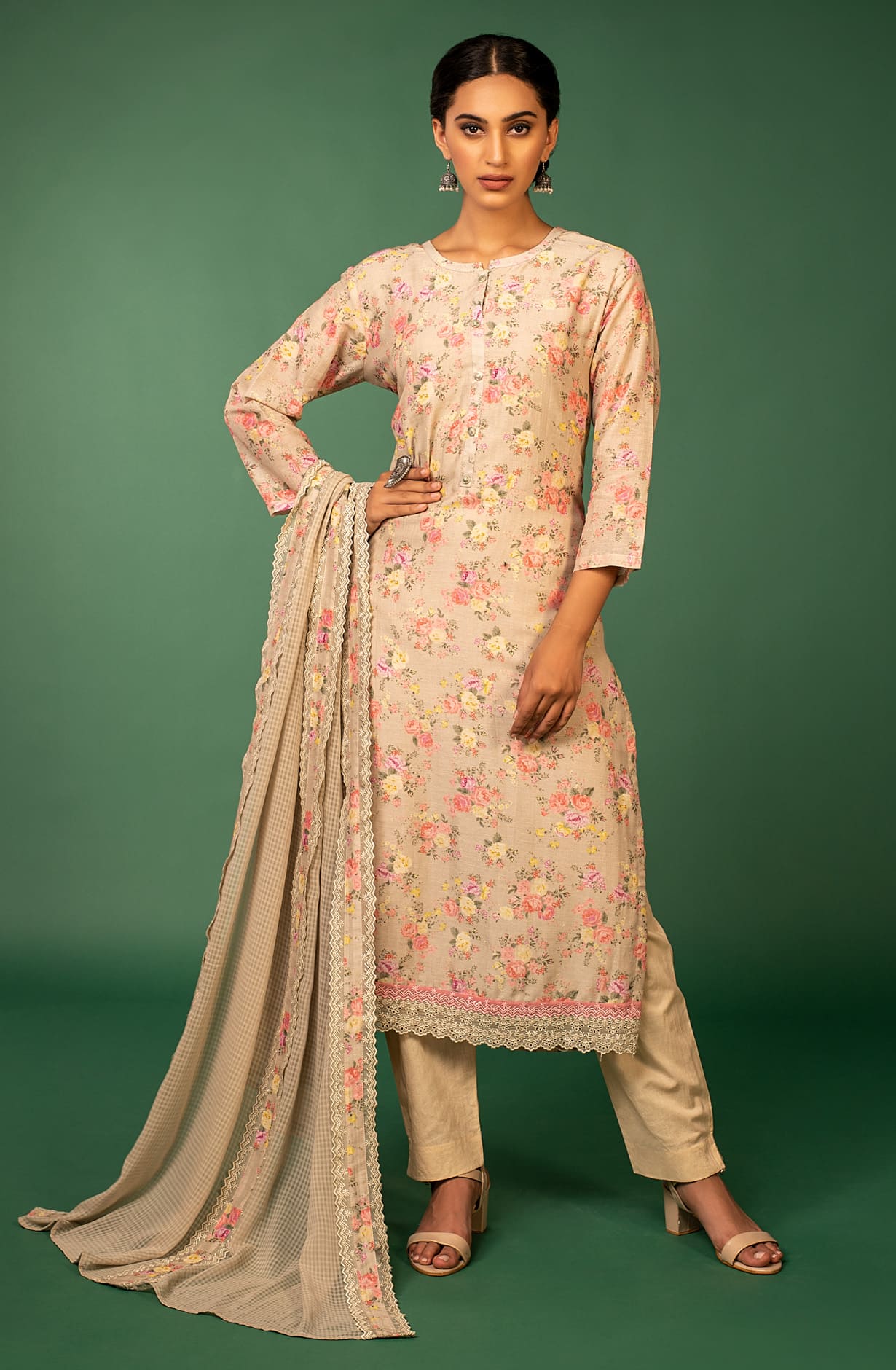 Beige Linen Exclusive Unstitched Salwar Kameez Suit-Set- AST1443