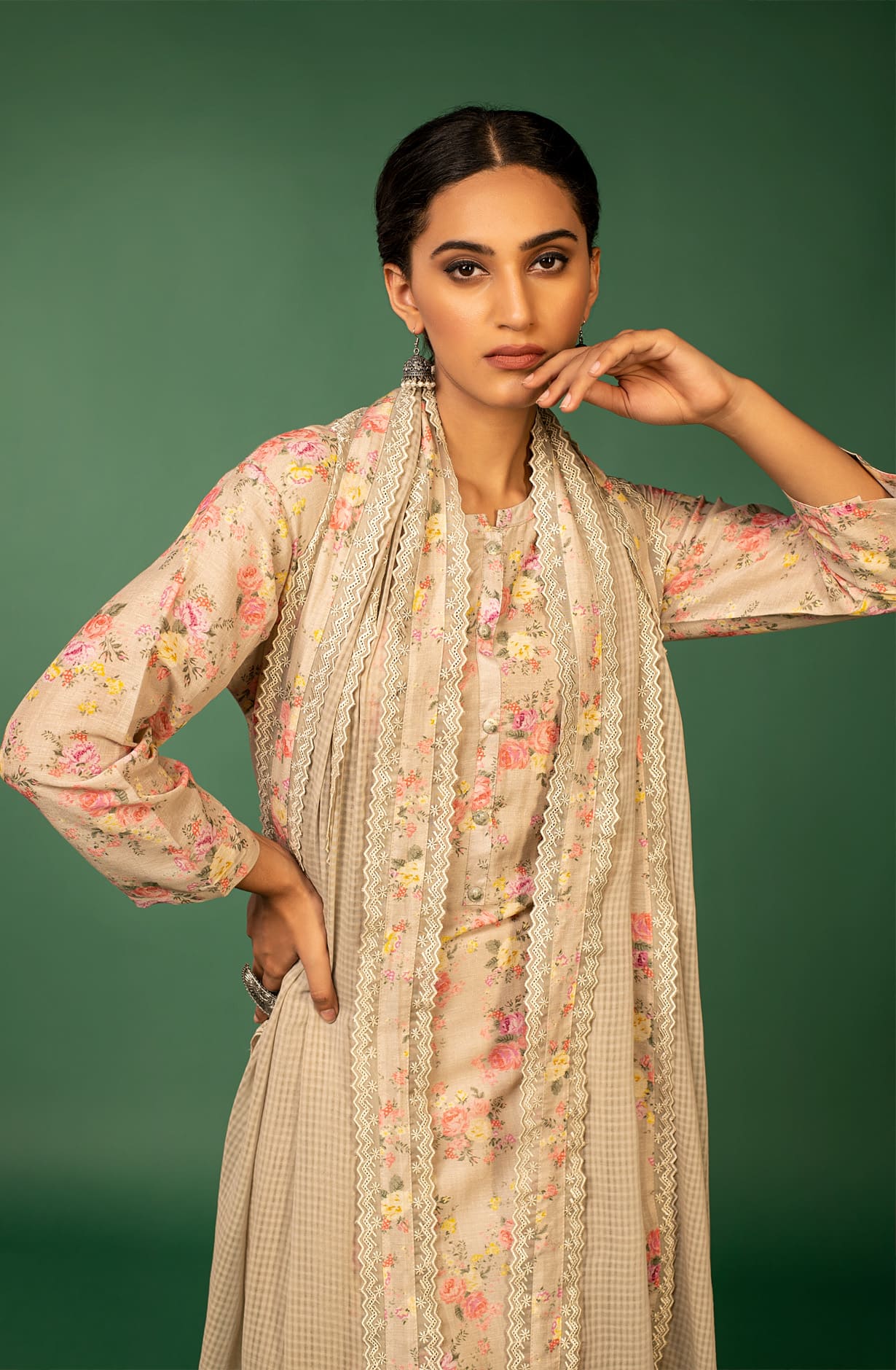 Beige Linen Exclusive Unstitched Salwar Kameez Suit-Set- AST1443